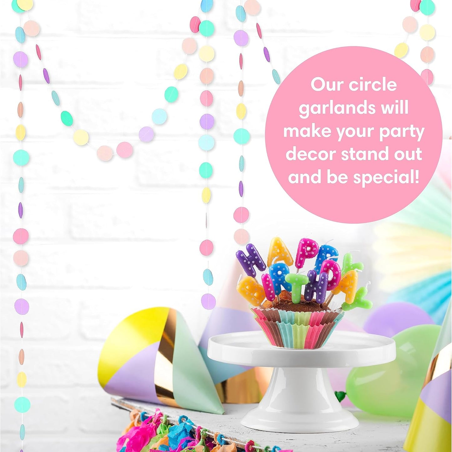 Chloe Elizabeth Circle Dots Paper Party Garland Streamer Backdrop (4-Pack, 10 Feet Per Garland, 40 Feet Total) - Rainbow Pastel