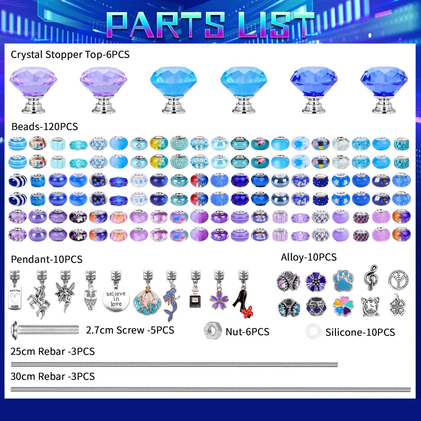 DIY Fairy Wand Garden Beads Stakes Wands Kit,Multiple Color Scheme European Beads Crystal Diamond Tops and 12 or 10 Inch Threaded Rods,Stainless Steel Stakes with Diamond Toppe(Purple+Aqua+Sapphire)