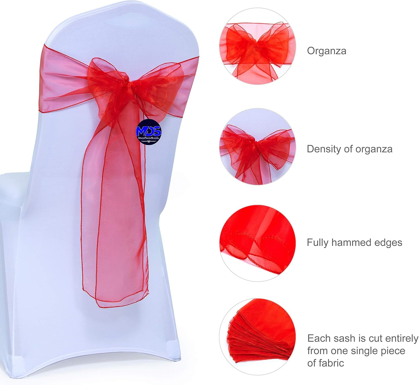 MDS Pack of 125 PCS Organza Chair Sashes Wider Dining Chair Bows Ribbon Tie Back for Wedding Party Birthday Bridal Shower Reception Event Banquet Home Chair Cover Decoration - Red