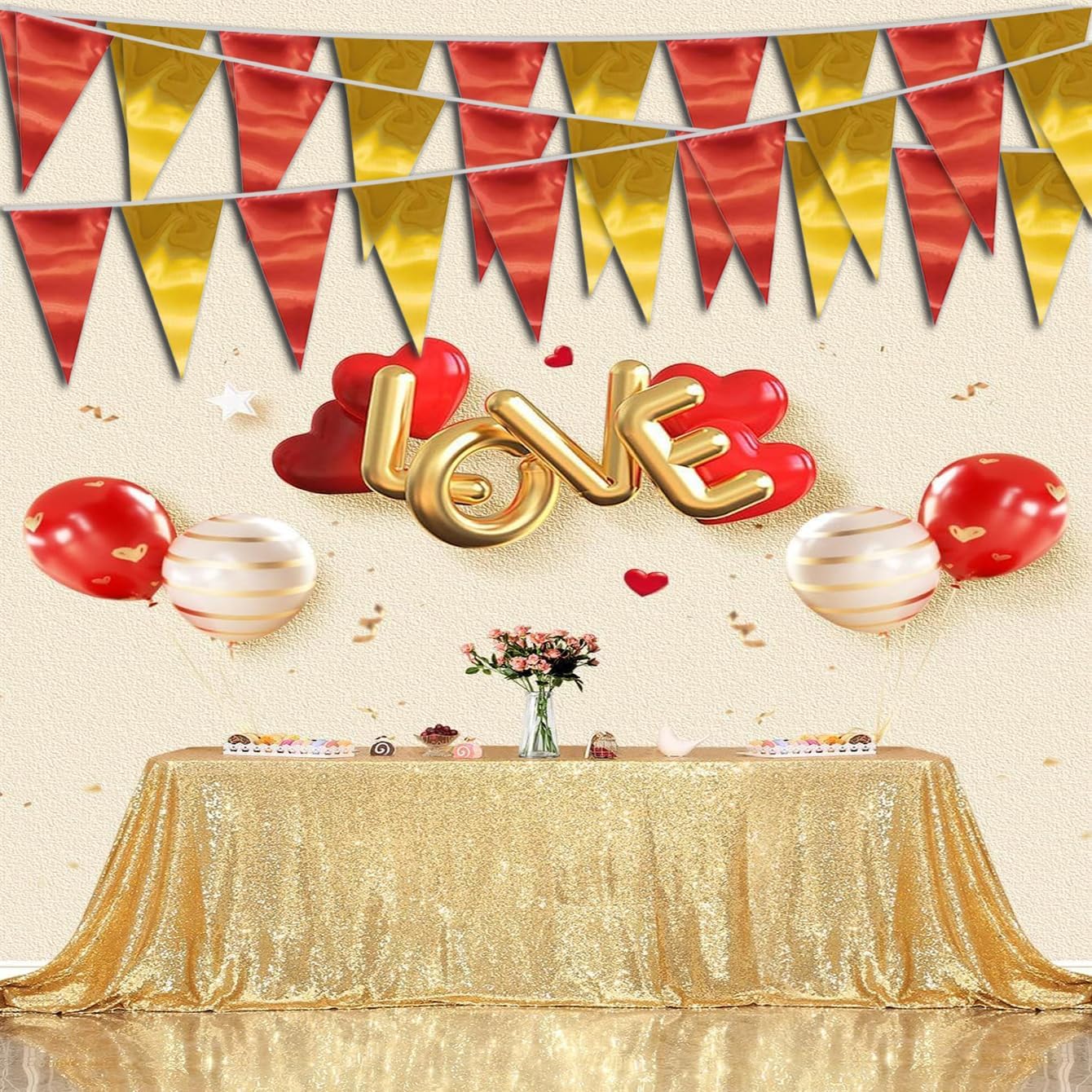 40M/130FT Red Gold Triangle Pennant Banner Flag Metallic Fabric Bunting Garland for Christmas Graduation Anniversary Birthday Engagement Wedding Anniversary Casino Party Decorations Supplies