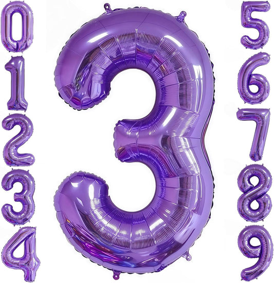 Purple 3 Balloon Number,40 Inch Number 3 Balloon Big Purple 3 Foil Mylar Helium Balloon for Birthday Party Decorations