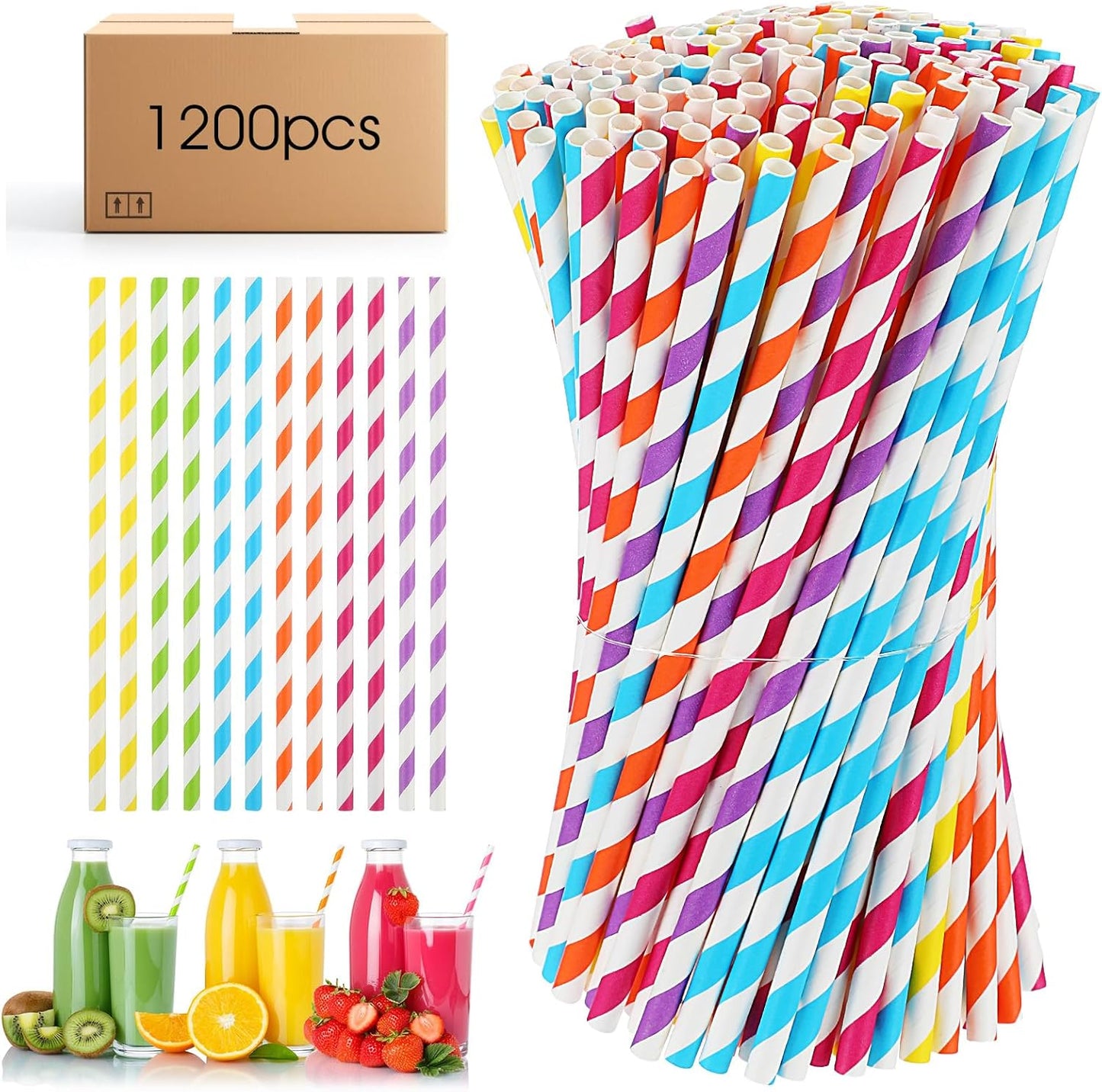 [1200 Pack] Striped Paper Drinking Straws，Sturdy & Non-Soggy，Food-Safe Ink, and Multi-Layered for Long-Lasting Use，Vibrant Assorted Colors for Summer Juice, Shakes, Cocktail,7.87 Inches