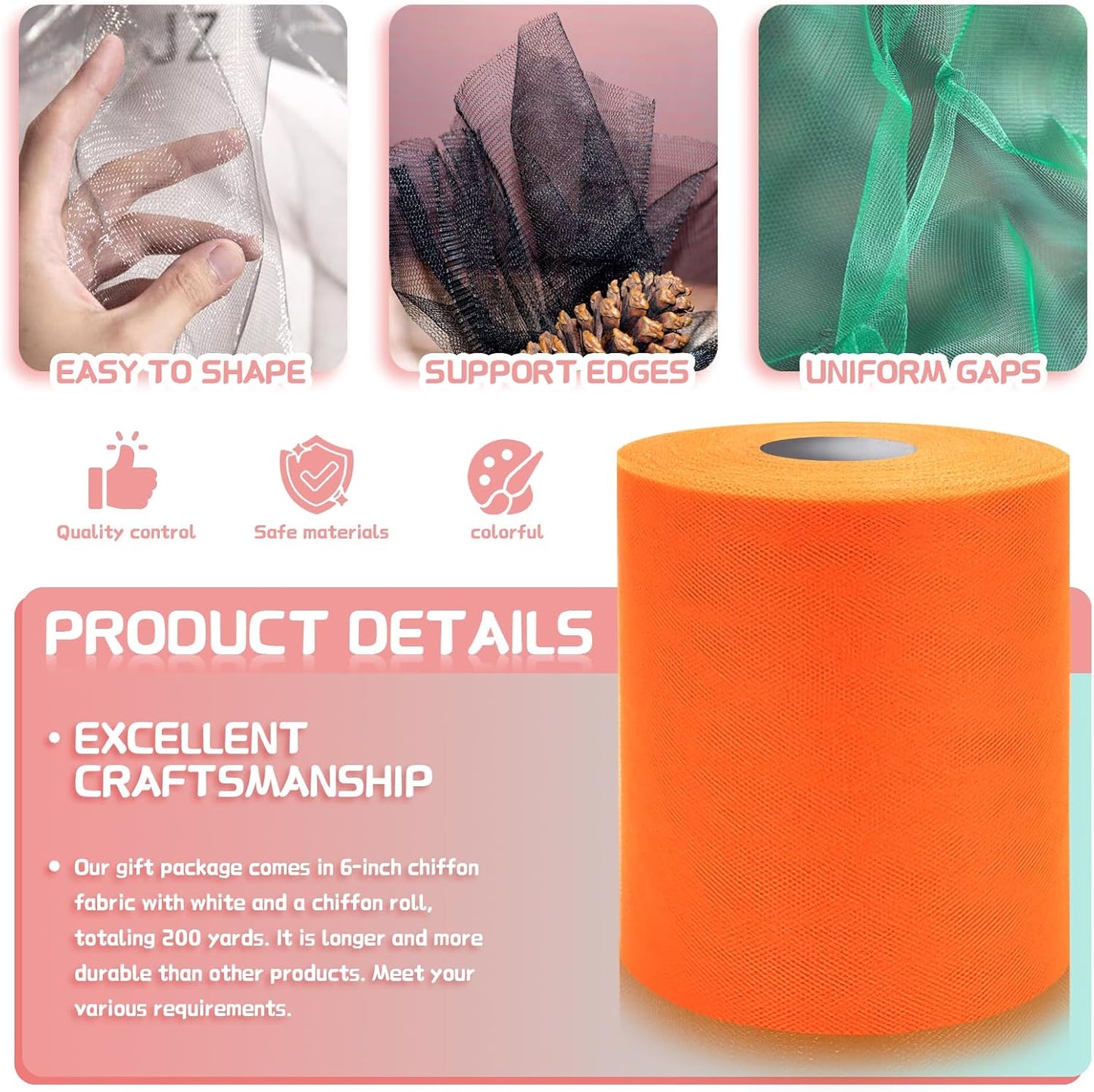 6" x 200 Yards Orange Tulle Fabric Rolls, Orange Spool Tulle Ribbon for DIY Tutu Skirt Wedding Decoration Baby Shower Birthday Party Backdrop Gift Wrapping Bow Craft Supplies