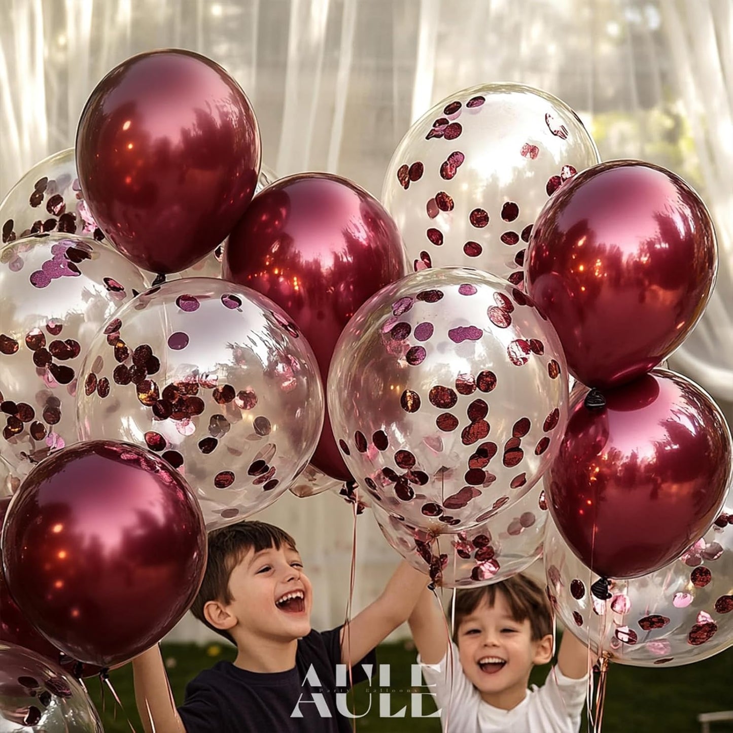 AULE Party Balloons Pack of 42 - Metallic Burgundy Balloons and Confetti Latex Helium Balloons With 64ft Ribbons - 12 Inch Mroon Chrome Balloon Decoration Set