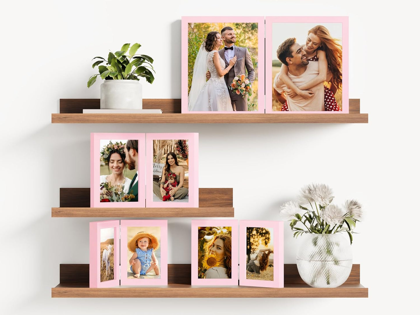 decorUhome Double 5x7 Picture Frame Vertical, Engineered Wood Bifold Photo Frame with Plexiglass for Tabletop Display, 5x7, Pink