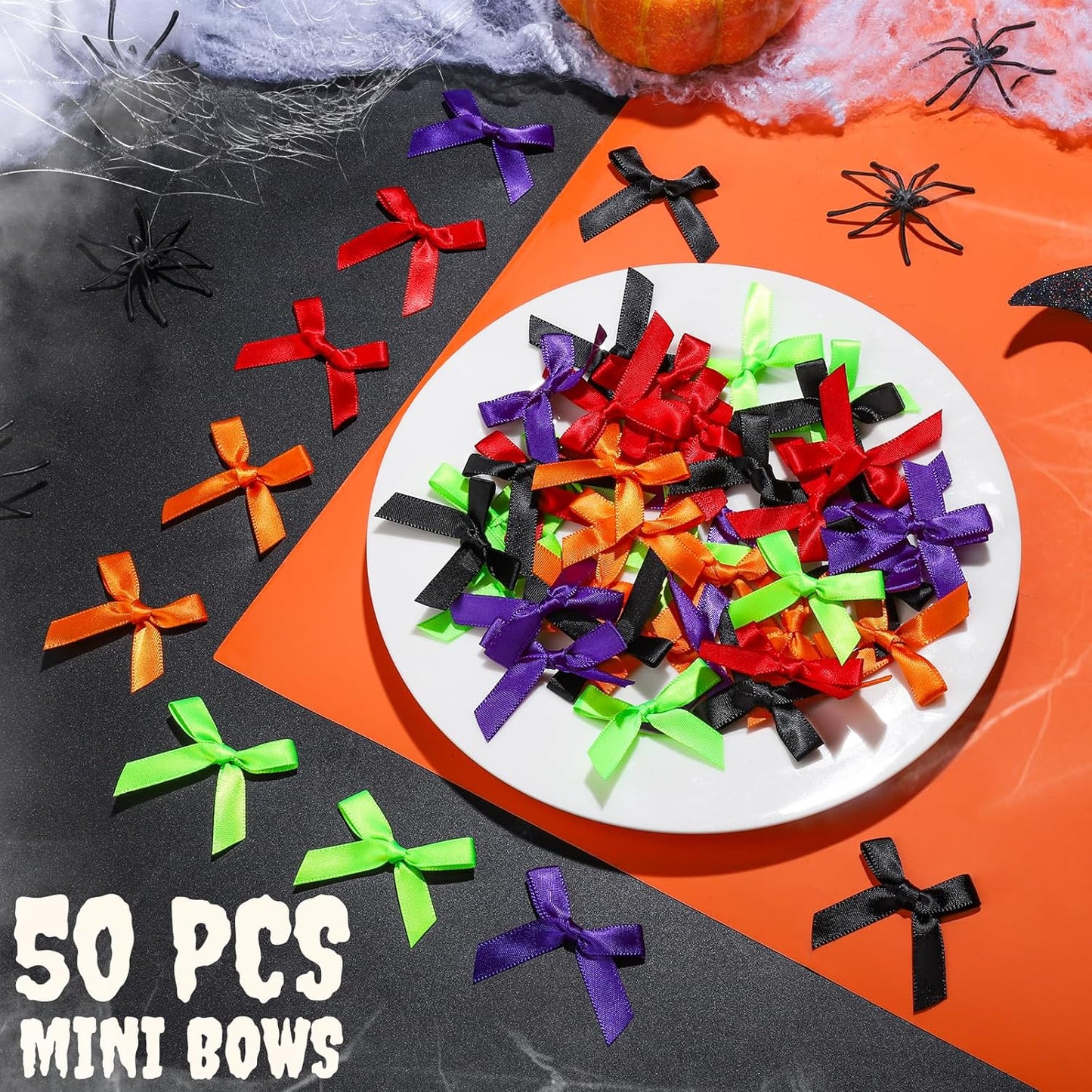 YGDZ Mini Bows, 50 PCS Small Satin Bows for Crafts, Halloween Decor, 5 Colors (Black, Orange, Purple, Red, Green), Tiny Bows for Gift Wrapping