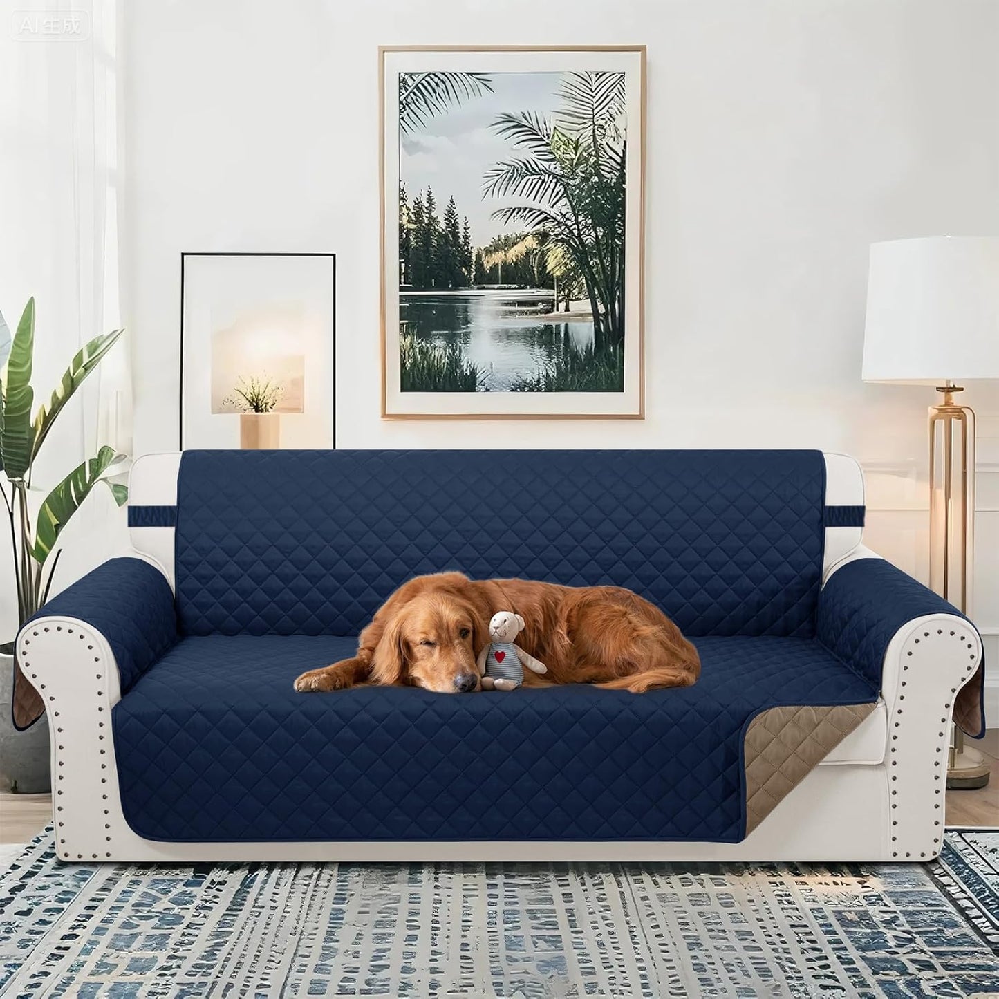 Reversible Oversized Sofa Covers Couch Cover Furniture Protector for Dogs Elastic Straps Water Resistant(XLSofa,Navy/Camel)