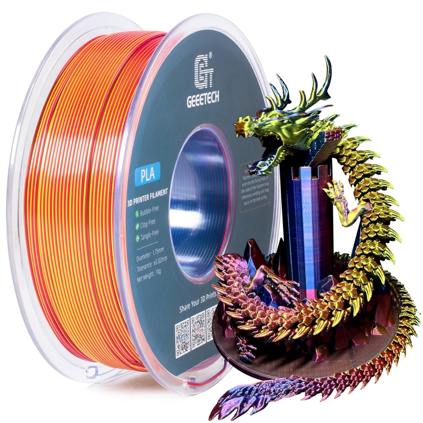 Geeetech 3D Printer Silk PLA Tri-Color Filament, Metal-Like Shiny Silk Filament 1.75mm 1kg (2.2lbs) Spool, Dimensional Accuracy +/- 0.02 mm, Tri-Color Red Yellow Blue