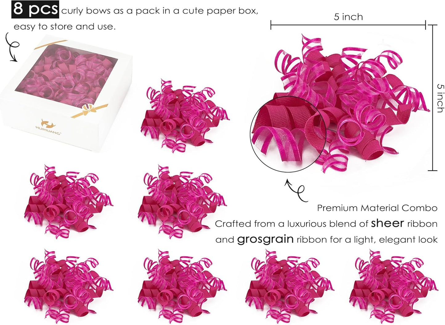 HUIHUANG Hot Pink Bows for Gift Wrapping Curly Gift Bow 5 inch x 8 Counts Self-Adhesive Ribbon Bows for Presents, Paper Bag, Party Favors, Wrapping Accessories, Holiday Wedding Decoration