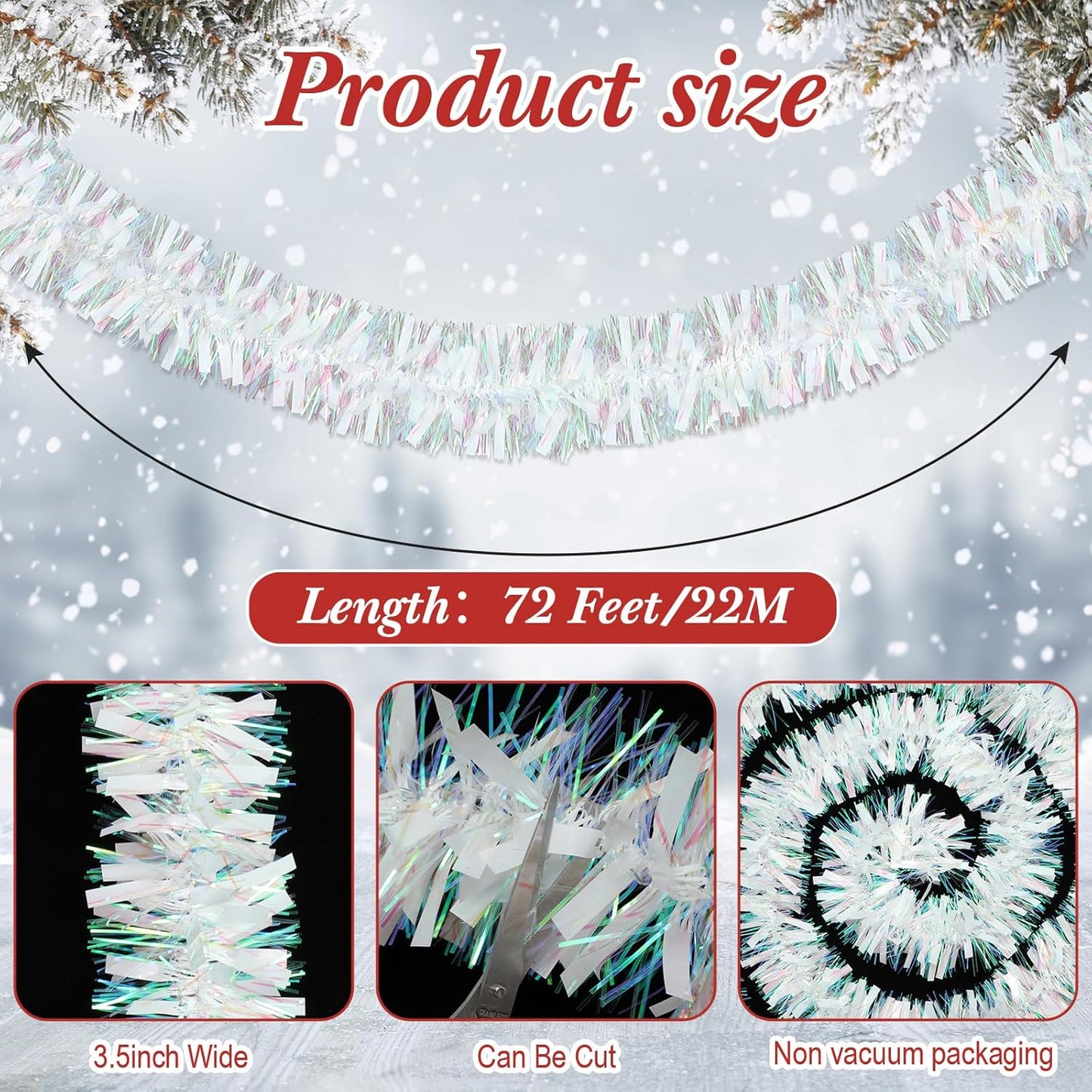 72 Feet Christmas Tinsel Garland Shiny Metallic Tinsel Twist Garland Streamers Ornaments Long Glitter Christmas Tree Hanging Decorations for Party Holiday Wedding Birthday Tree Wall Rail (White)