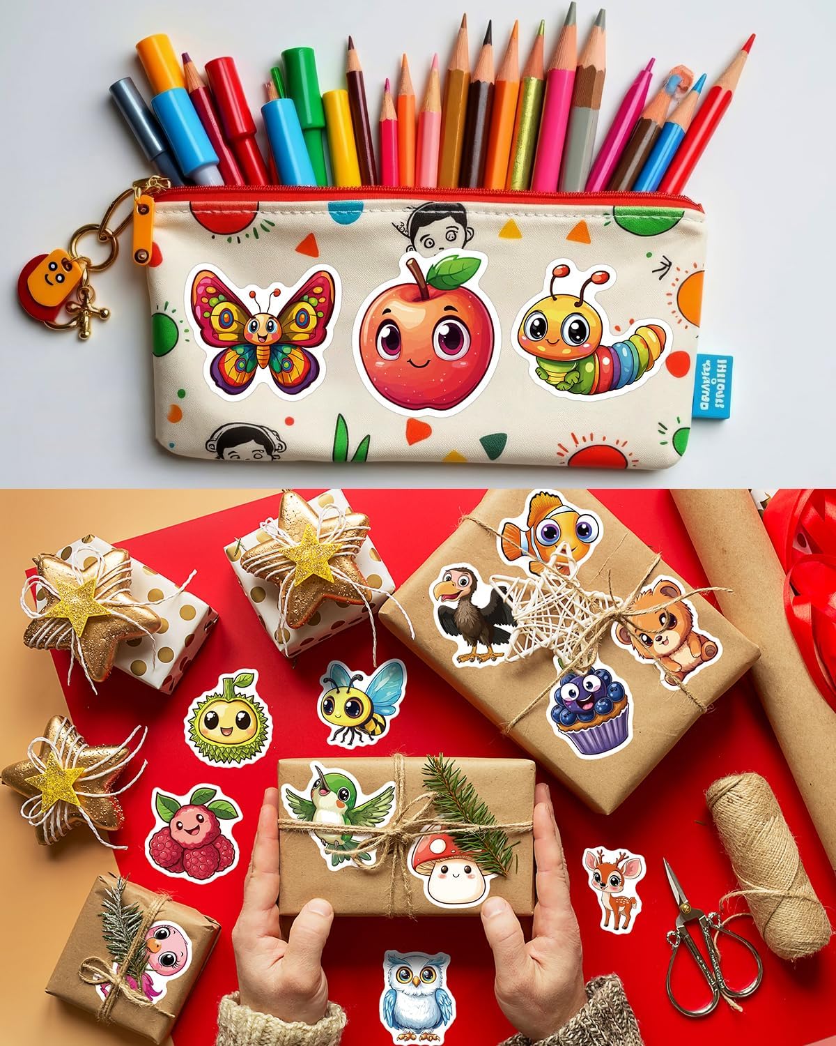 JCFIRE 200PCS Stickers for Kids, Waterproof Cute Mixed Animal Food Vinyl Scrapbook Stickers for Water Bottle, Book, Laptop, Goodie Bags Stuffers Kids Party Favors, Classroom Supplies Must Haves