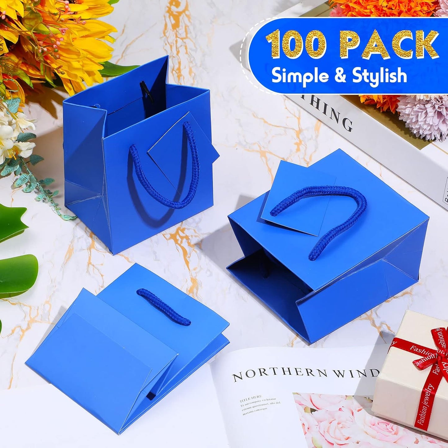 Sherr 100 Pack Mini Gift Bags Bulk, 4 x 2.75 x 4.5 Inches Paper Bags with Tags, Extra Small Paper Gift Boxes with Handles for Birthday, Party Favors, Weddings, Small Business(Blue)