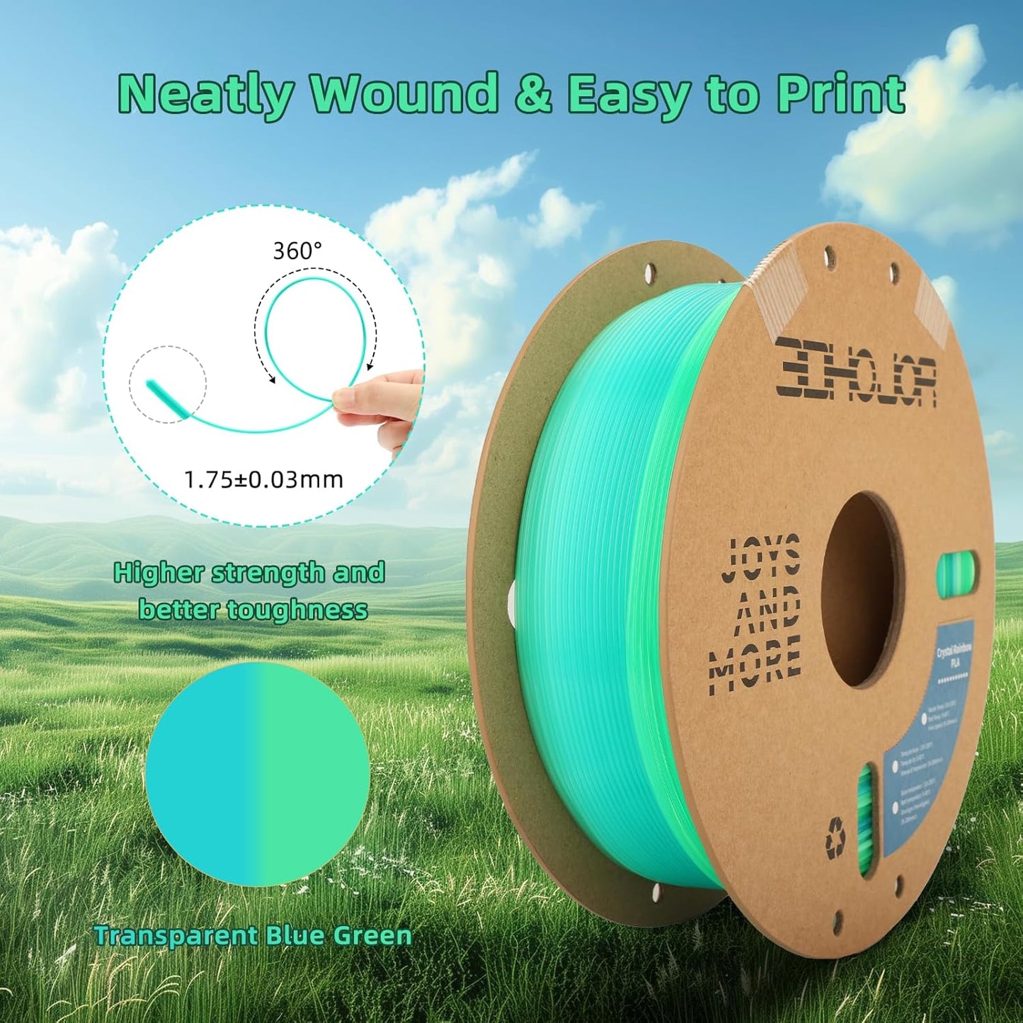 Transparent Multi Rainbow Color Gradient Change PLA 1.75mm 1KG 3D Printing Filament Crystal Rainbow PLA Clear PLA Filament with Cardboard Spool -Prairie