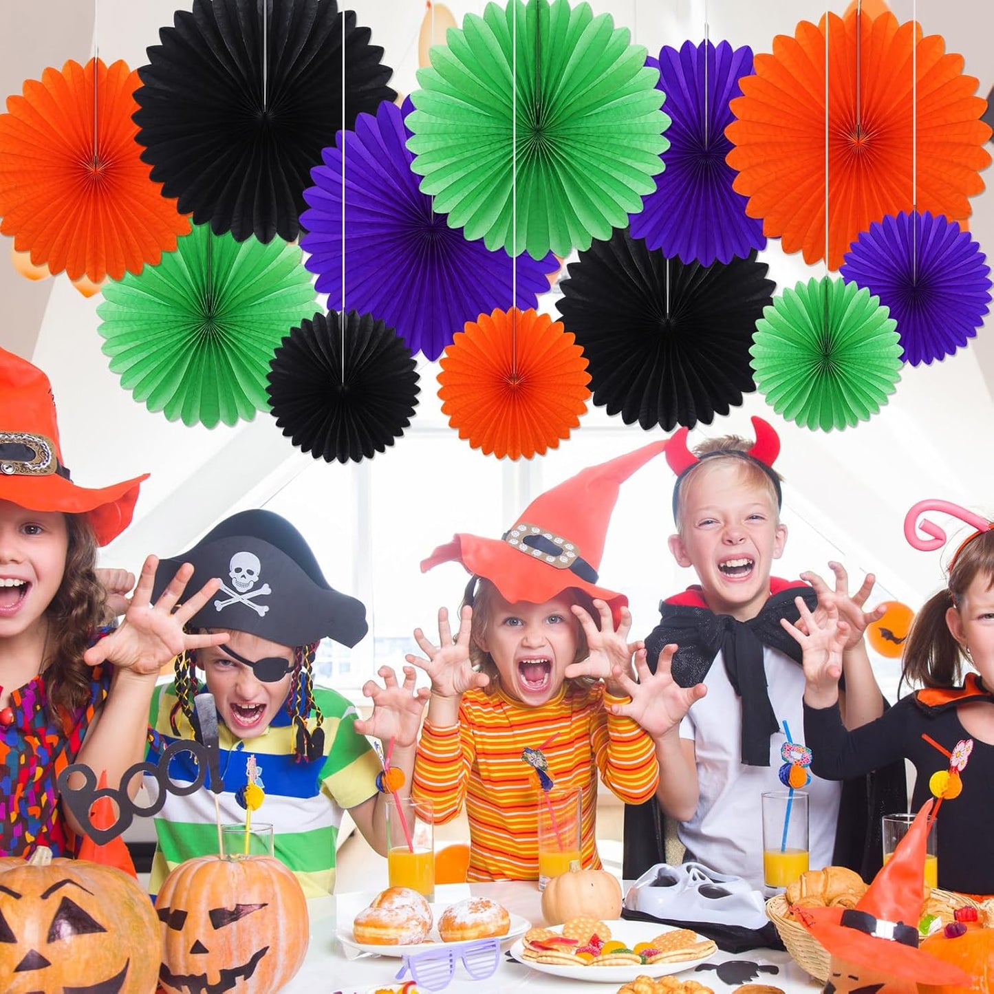 MotiMind 24 Pcs Halloween Paper Fans Party Decorations Black Orange Purple Green Hanging Honeycomb Ceiling Wall Decor Background Decoration for Birthday Wedding Baby Bridal Shower Engagement
