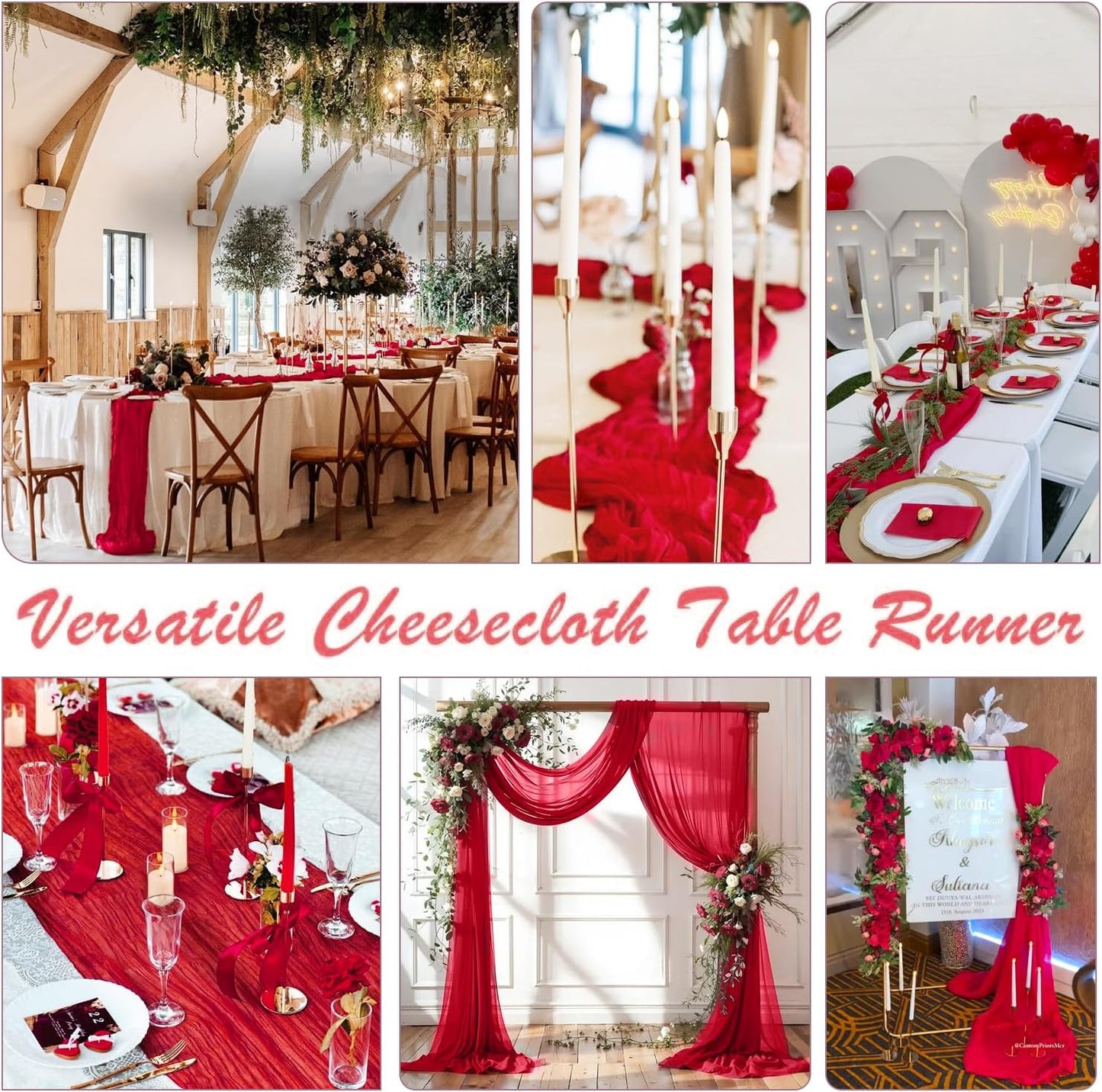 3 Pack Red Cheesecloth Table Runner Gauze Christmas Table Runner 35x120 Inch Rustic Boho Cheese Cloth Sheer Runner for Wedding Baby Shower Bridal Shower Birthday Party Holiday Decorations