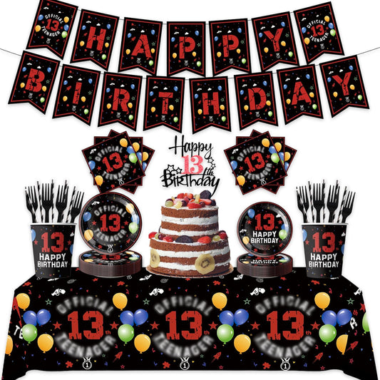 123pcs 13th Red and Black Party Decorations,Happy Birthday Banner Flags Paper,cups Straws Forks Cake Toppers Dessert plates Tablecloths and dinner plates,Officially a Teenager 13th Birthday Supplies