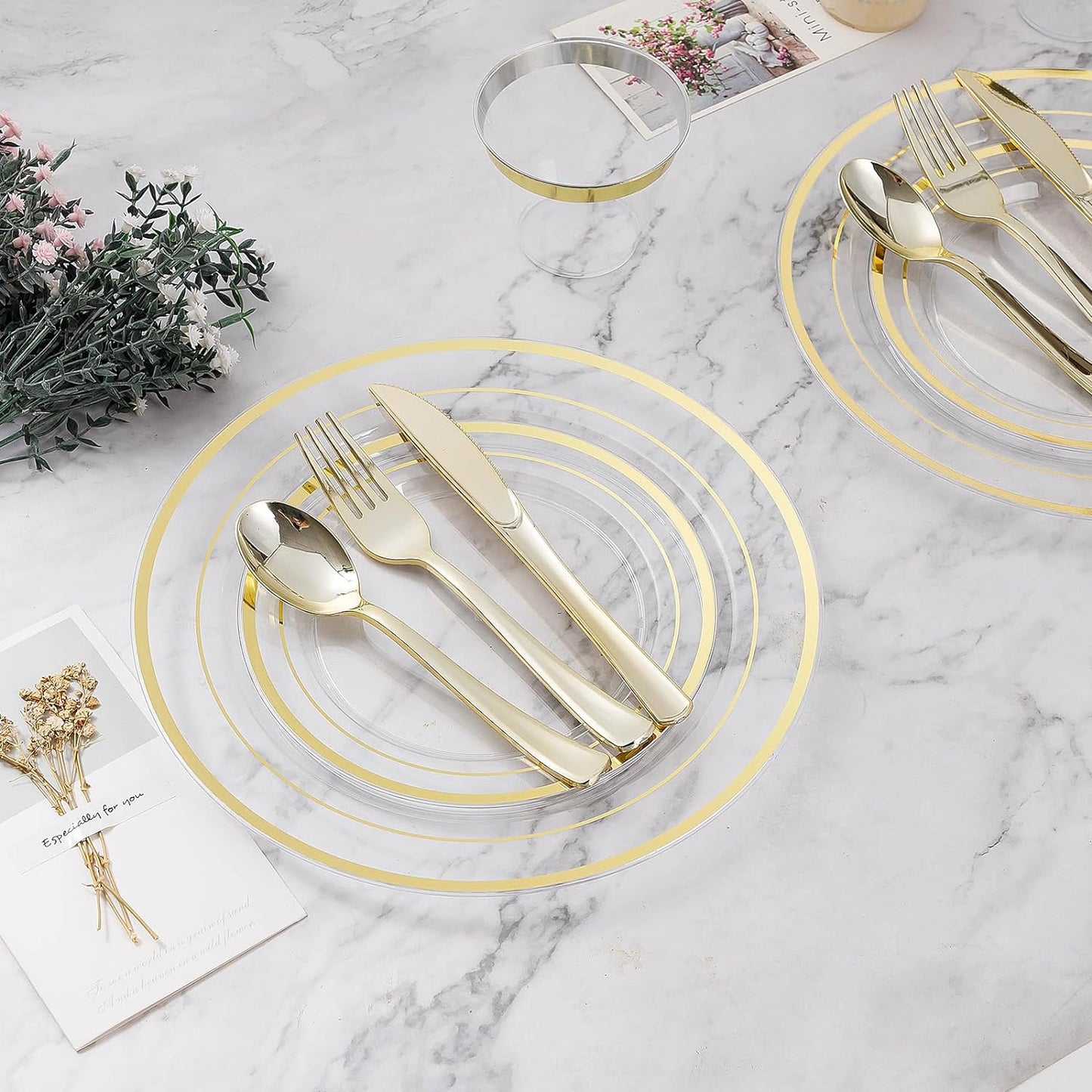 BESTVIP 450PCS Plastic Dinnerware Set (75 Guests), Clear Gold Disposable Plates for Party, Wedding, Christmas, Anniversary, Includes: Dinner Plates, Dessert Plates, Cups, Spoons, Forks and Knives