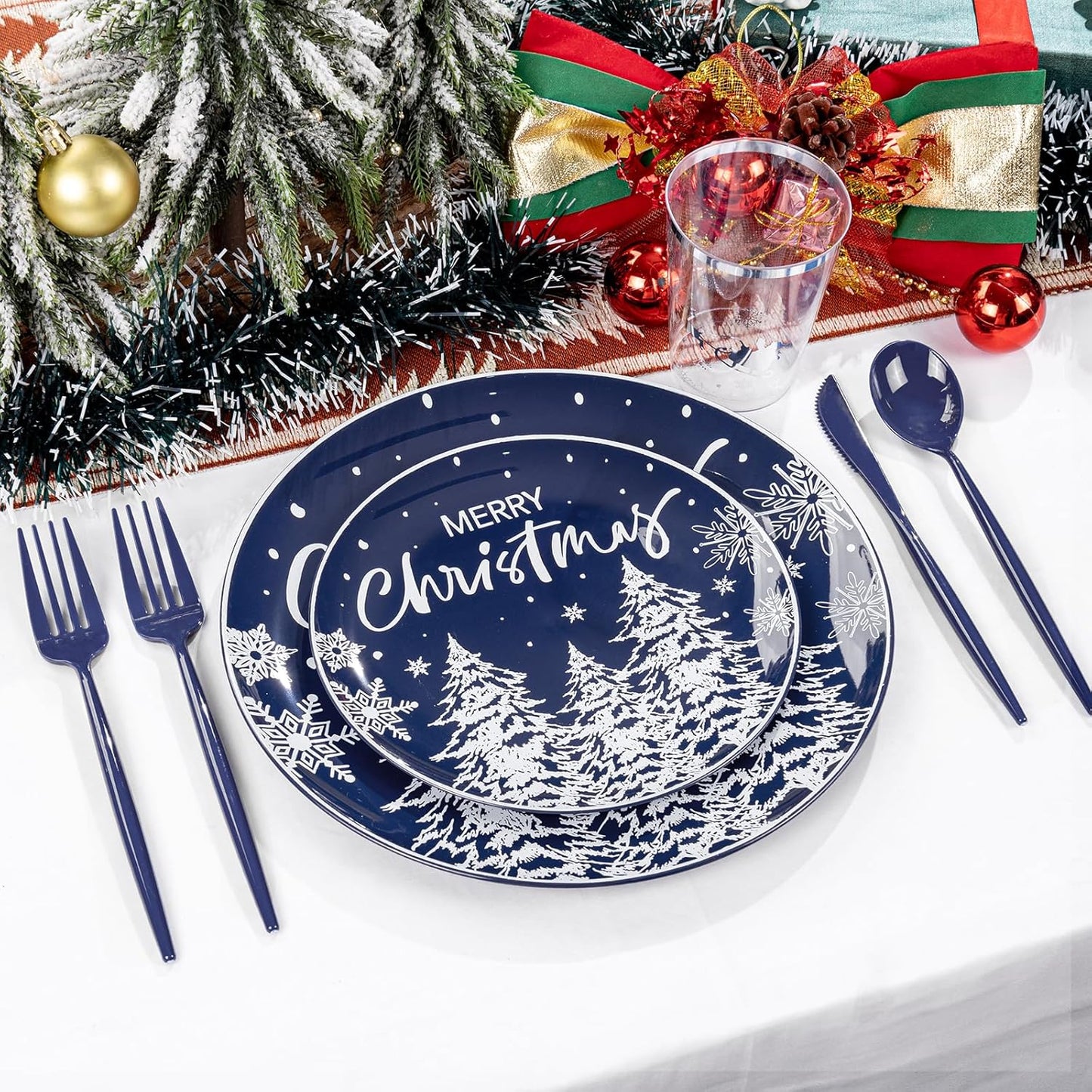 Supernal 150pcs Christmas Dinnerware Set - Blue and White Plates With Trees Design, Blue Silverware, Santa and Moose Silver Cups for New Year