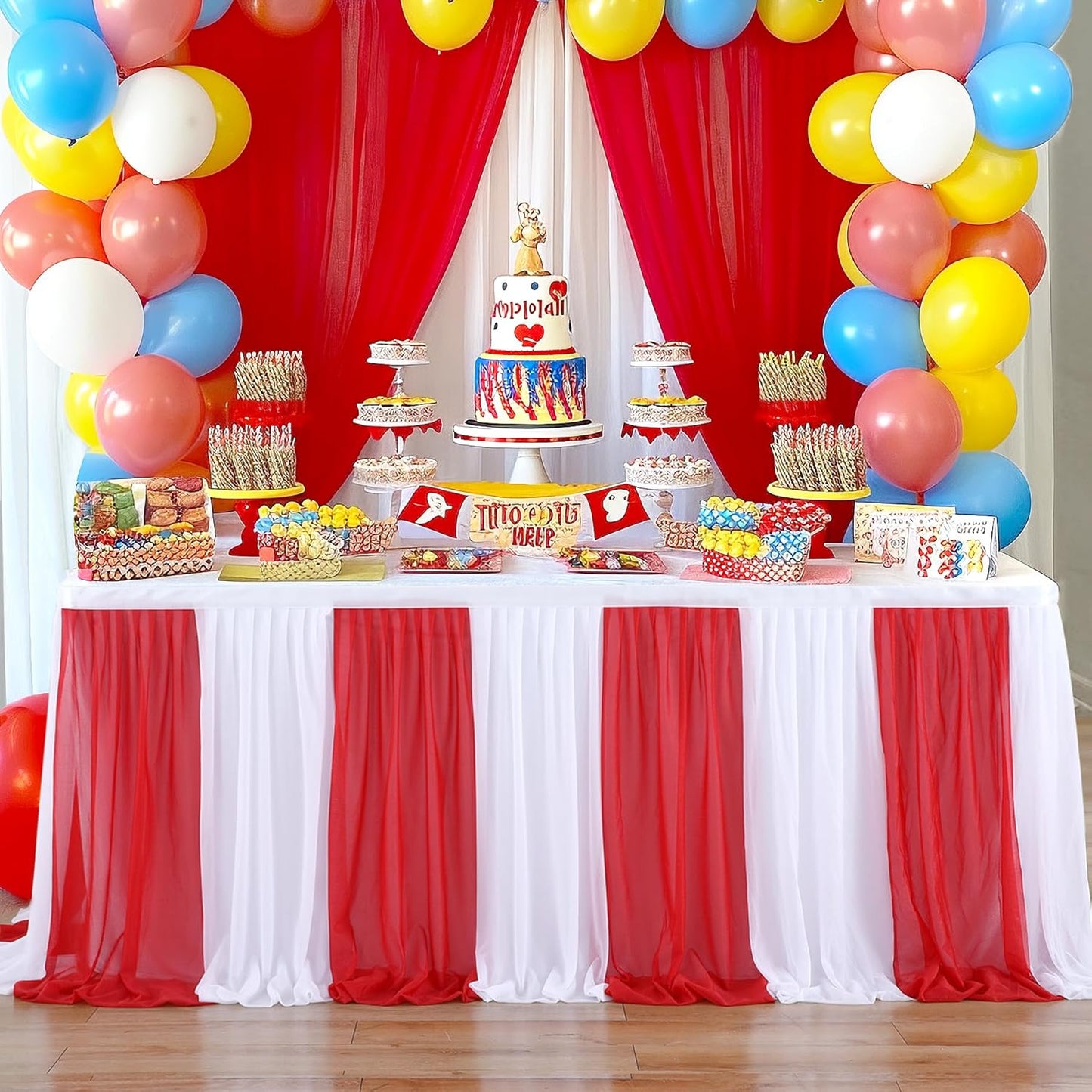 Reb and White Striped Table Skirt for Rectangle Tables or Round Tables for Carnival Circus Party 14ft Tulle Tutu Table Cloths Cover for Birthday Party Baby Shower Table Decorations