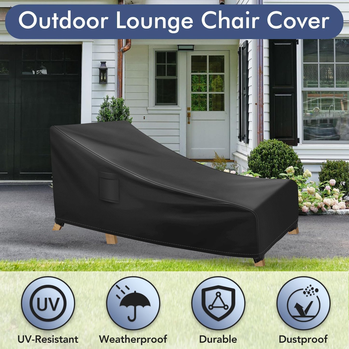 Chaise Lounge Covers Outdoor Waterproof, Heavy Duty Patio Furniture Covers, Fits up to 78L x 34W x 32H inches, 1 Pack, Black