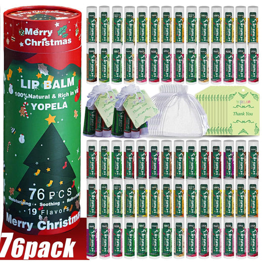 Yopela 76 Pack Christmas Natural Lip Balm Bulk with Vitamin E and Coconut Oil Lip Care Set - Moisturizing, Soothing, and Repairing Dry and Chapped Lips - 19 Flavors - Non-GMO
