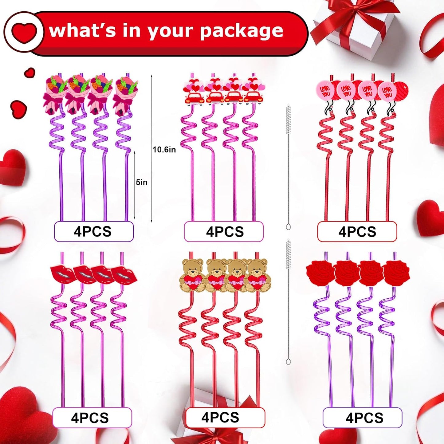 24 Valentines Reusable Party Drinking Straws Birthday Party Supplies Decorations with 2 PCS Cleaning Brushes (Valentines Rose)