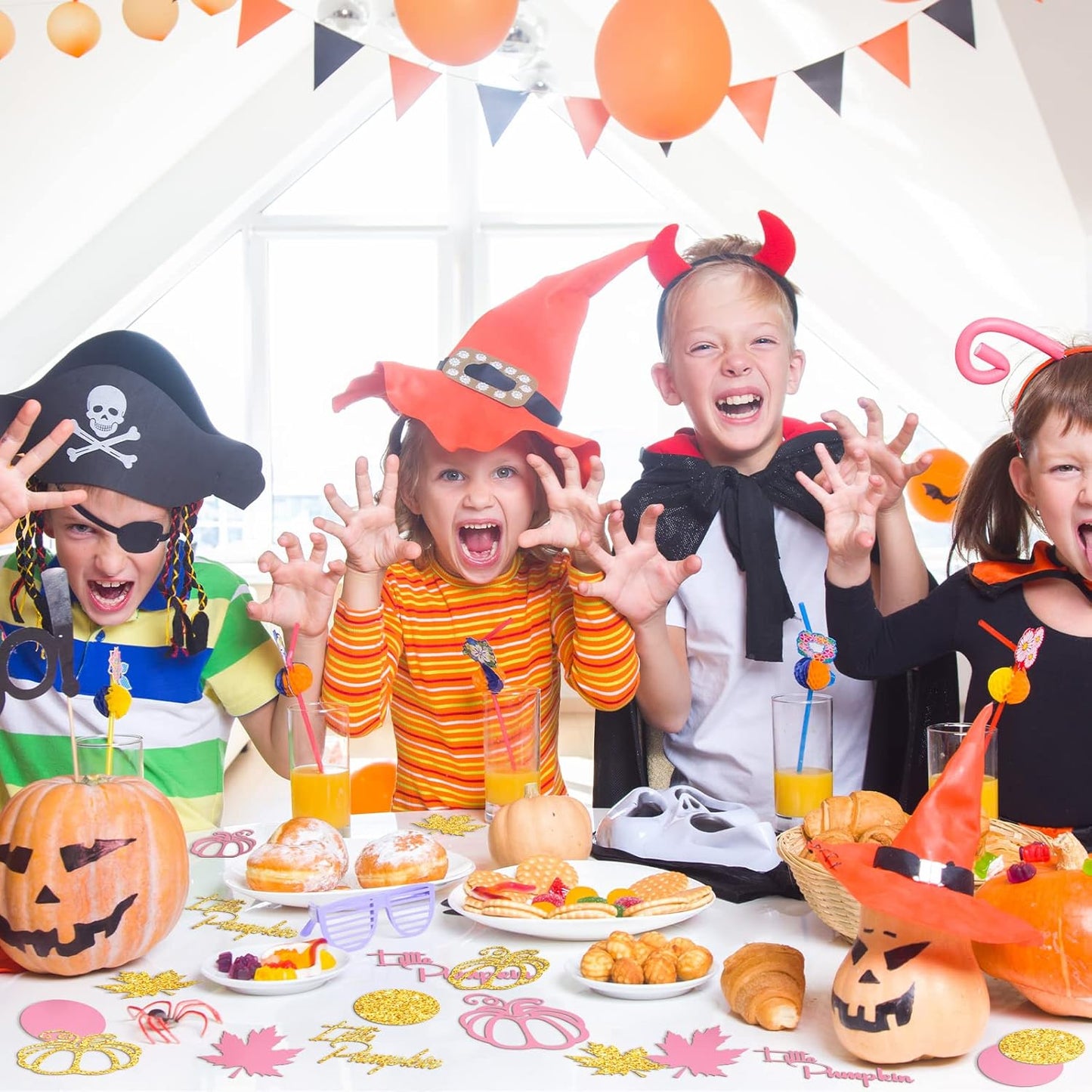 Ferraycle 400 Pcs Thanksgiving Pink and Gold Pumpkin Confetti Christmas Baby Shower Maple Leaf Confetti Glitter Thanksgiving Pumpkin Decorations Table Decorations for Birthday Party Supplies