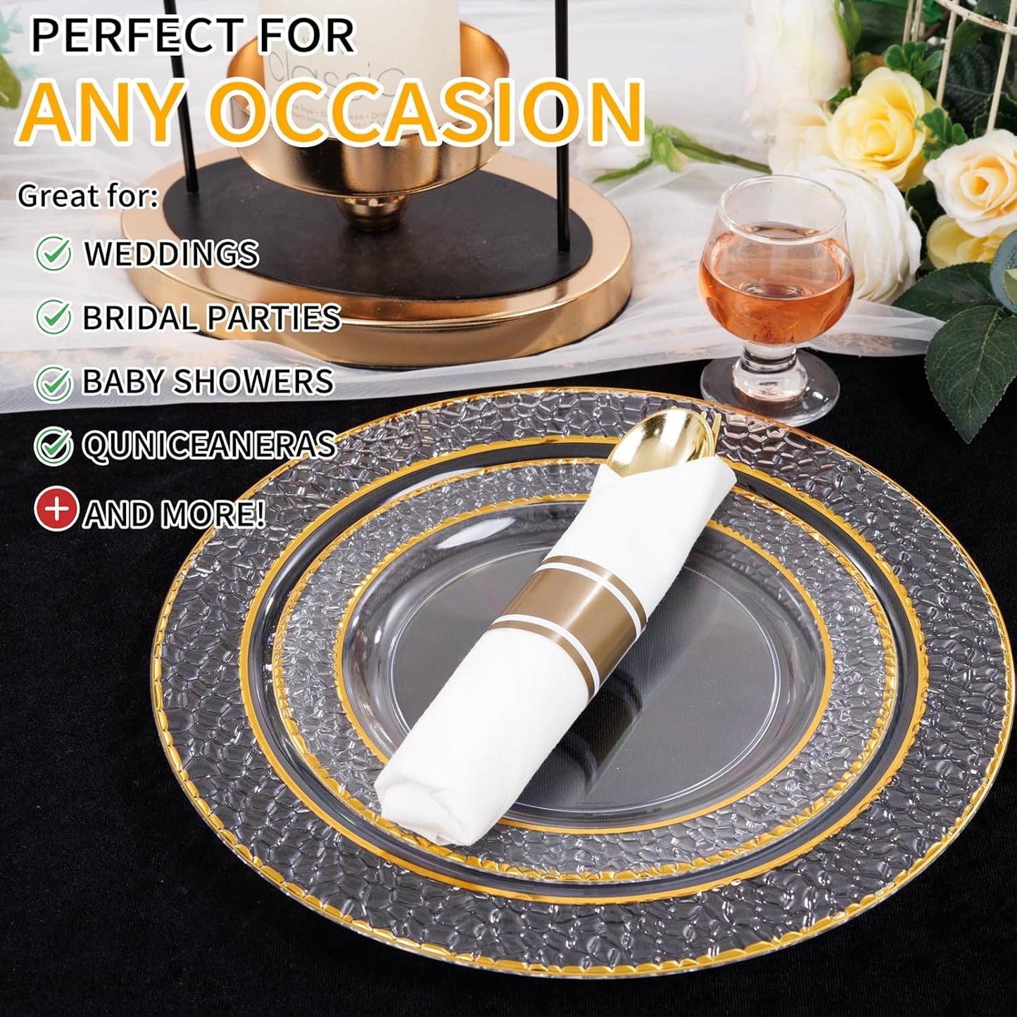 50Guests Pre Rolled Gold Plastic Silverware Sets - Heavy Duty Hammered Gold Cutlery Include 50 Pack Wrapped Disposable Utensils with Napkins for Parties, Dinners & Weddings