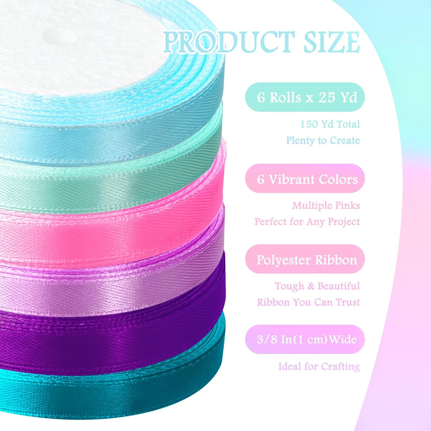 3/8" 6 Colors X 25 Yards Pink Green Blue Satin Ribbon,150 Yards Assorted Colors Satin Ribbons for Flower Bouquet,Ribbons for Gift Wrapping Happy Birthday Party Decorations