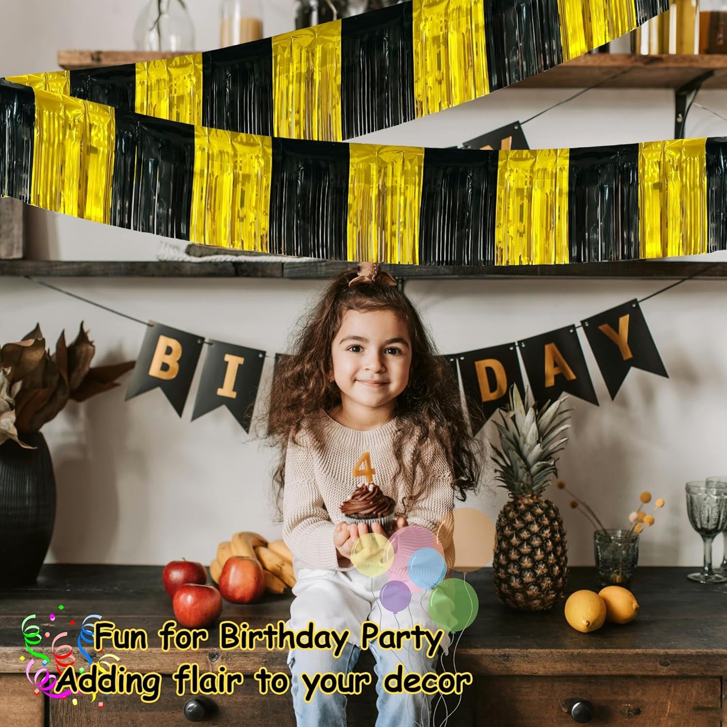 4 Pack 10 Feet Black Gold Foil Fringe Garland Metallic Tinsel Streamers Banner Fringe Curtain Banner for Parade Floats Halloween Graduation Homecoming Birthday Party Decorations (Black, Gold)