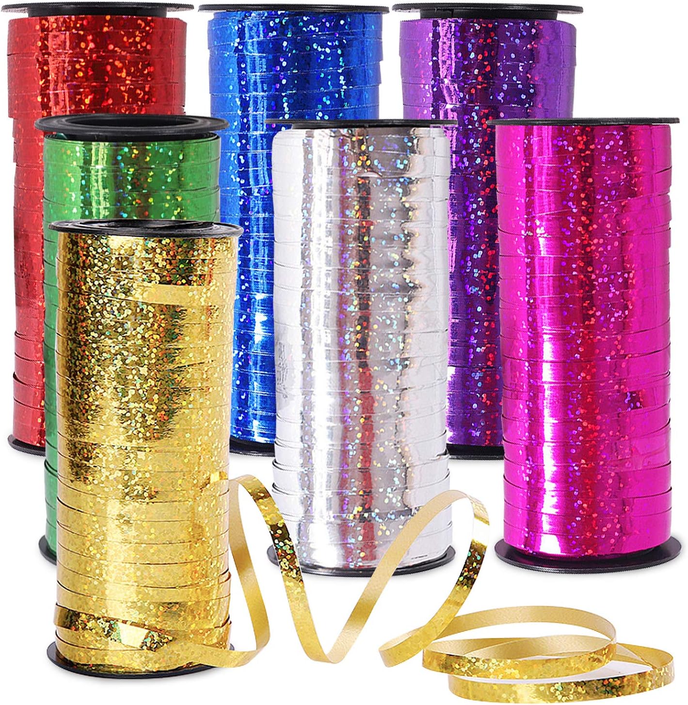 7 Pack Curling Ribbon, Crimped Curling Ribbon Metallic Balloon Ribbons Gift Wrap Ribbons Balloon String Shiny Wrapping for Crafts, Christmas, Birthday, Wedding, Party Decoration (Glittered)