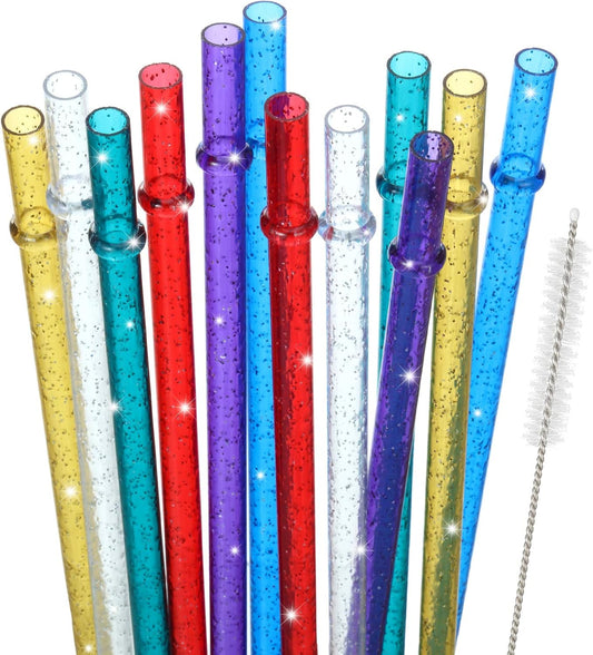 48 Pcs Plastic Straws with Team Bride Flags Reusable Glitter Drinking Straw(Gold, Dark Blue, Purple, Red, White, Green)