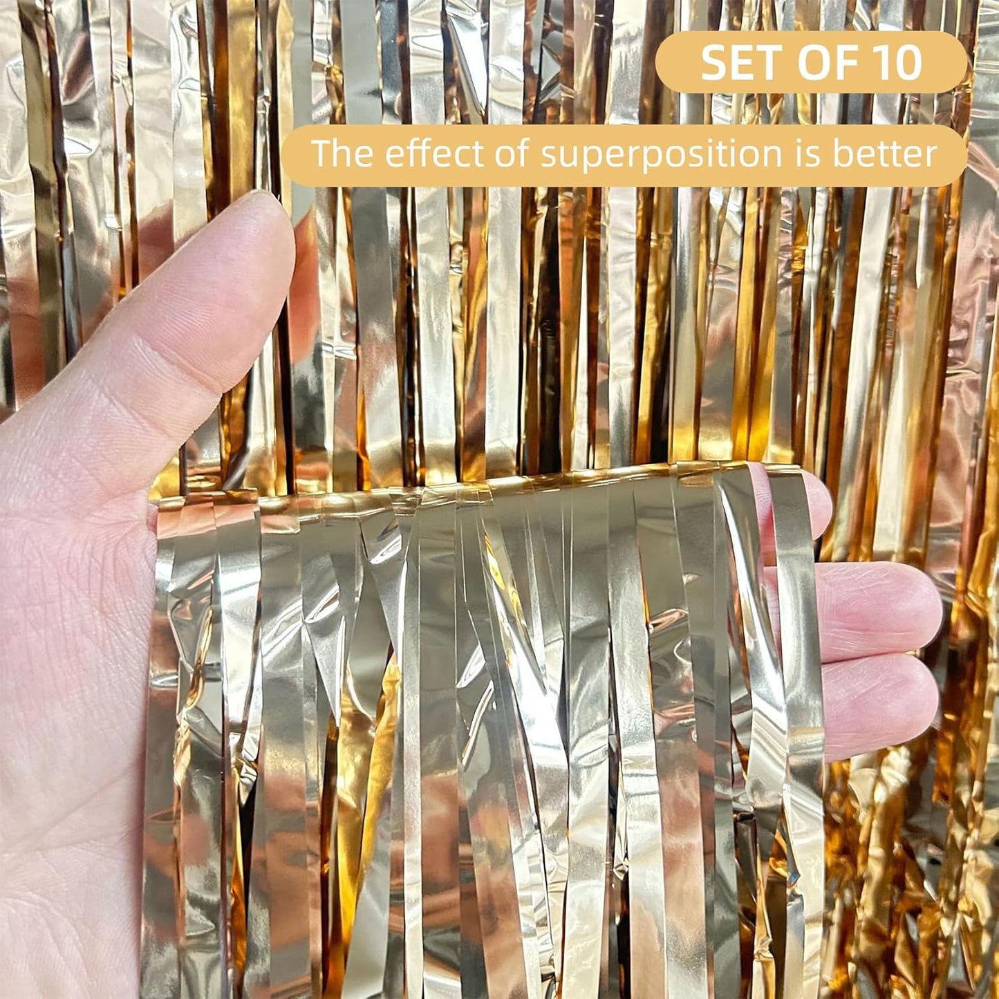 10 Pack Champagne Gold Foil Curtain Backdrop 3.2ft x 9.8ft Metallic Tinsel Foil Fringe Curtains Streamer Photo Booth Backdrop for Birthday Party Engagement Bachelorette Party Decorations