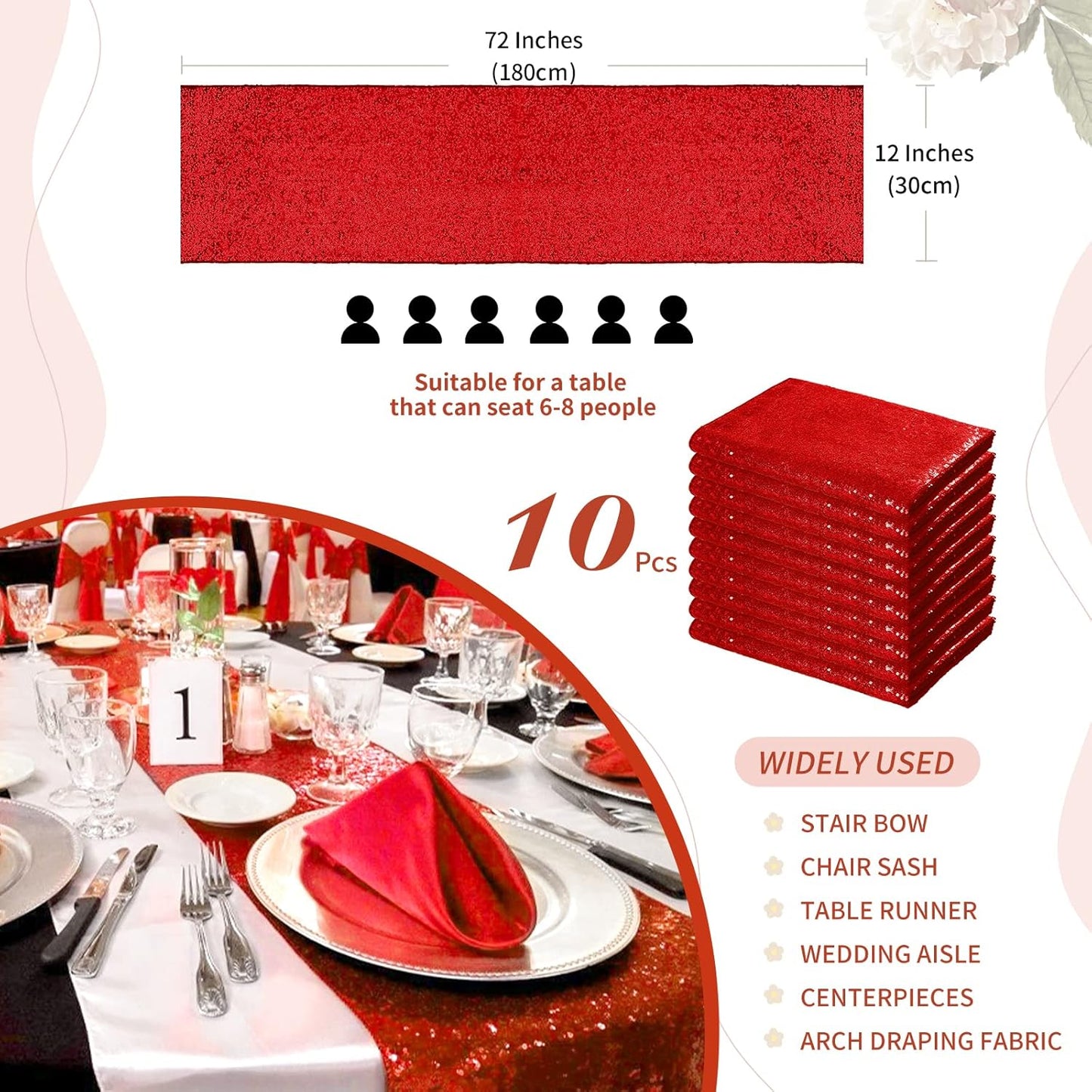 Red Table Runner 10 Packs 12x72 Inch Sequin Table Runners Sparkly Table Runner Fabric for Party Dinner Reception Wedding Event Holiday Decorations