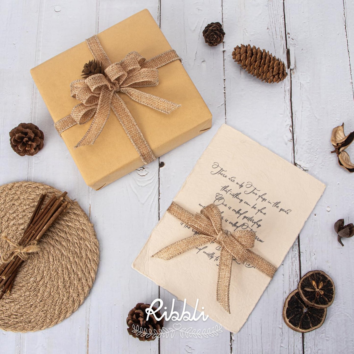 Ribbli Natural Burlap Wired Ribbon, 1/2 Inch x Continuous 20 Yard, Wired Edge Ribbon for Wreaths, Big Bows, Tree Decoration, Outdoor Decoration