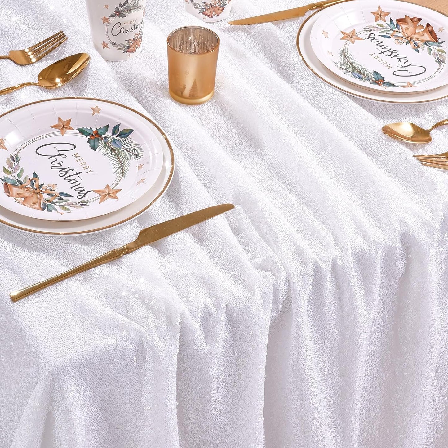 QueenDream Sequin Tablecloth 90 x132 Inch White Rectangle Tablecloth Glitter Table Cloth Overlay Wedding Birthday Christmas Decorations