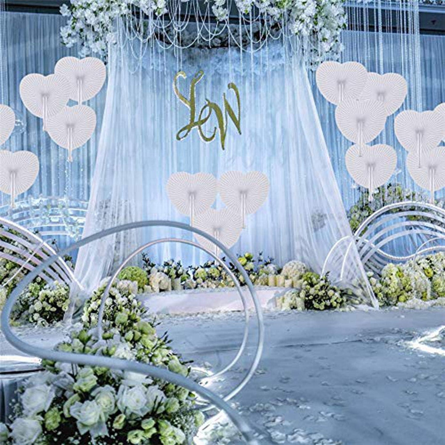 12 Pcs Decorative Paper Folding Hand Fans Handheld,White Round Heart Foldable Wedding Fans Chinese and Japanese Fans Bulk for Bridal Guest Church Party Favors Dancing Birthday DIY