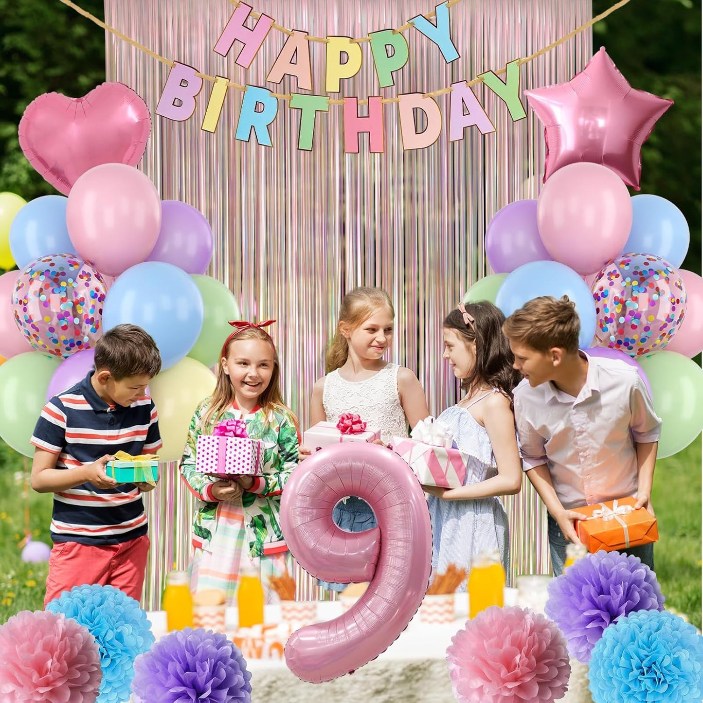 Pastel 9th Birthday Party Decorations for Girls Number 9 Balloon Happy Birthday Banner Butterfly Stickers Fringe Curtain Paper Pom Poms Macaron Pink Star Heart Foil Colorful Balloons 9 Year Old Decor