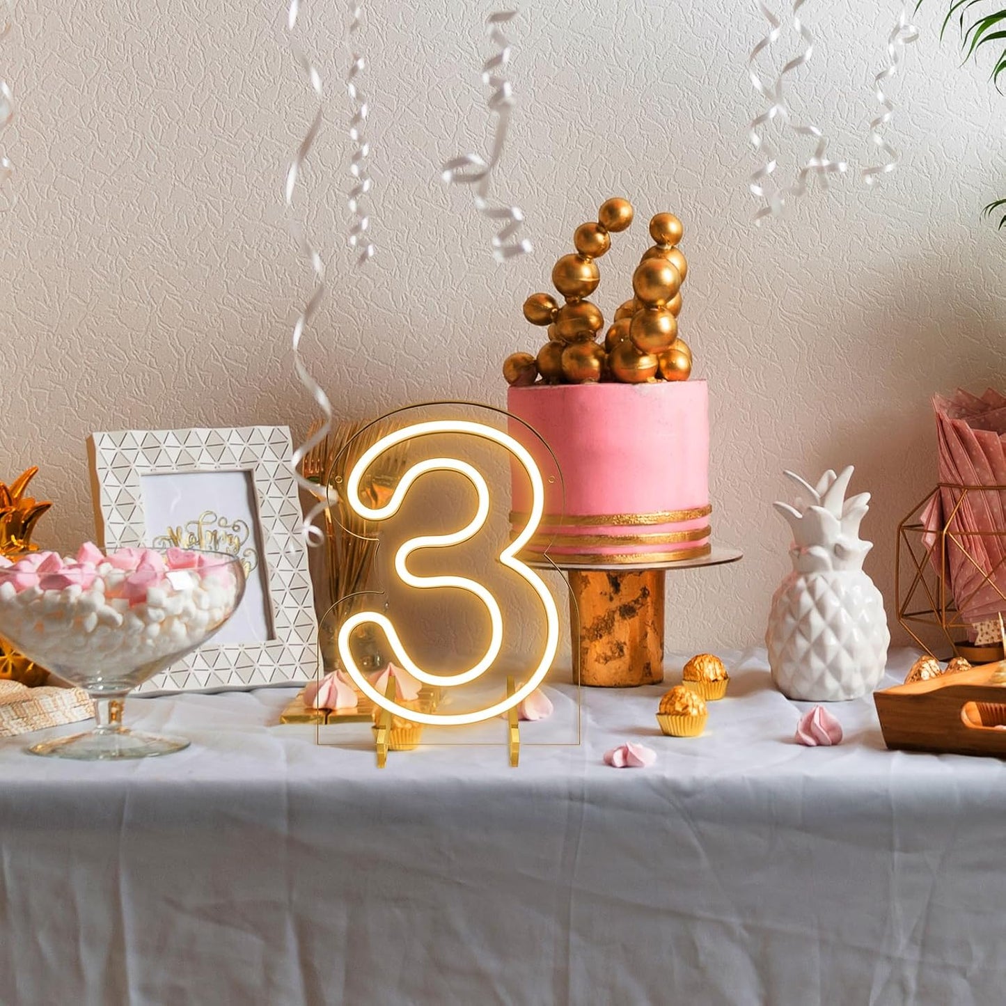 Number 3 LED Neon Sign Backdrop Birthday Party Decoration, 11.3" Height Warm White Marquee Numbers Three Light Up Sign for Wedding Anniversary Window Wall Table, Indoor Battery Operated or USB