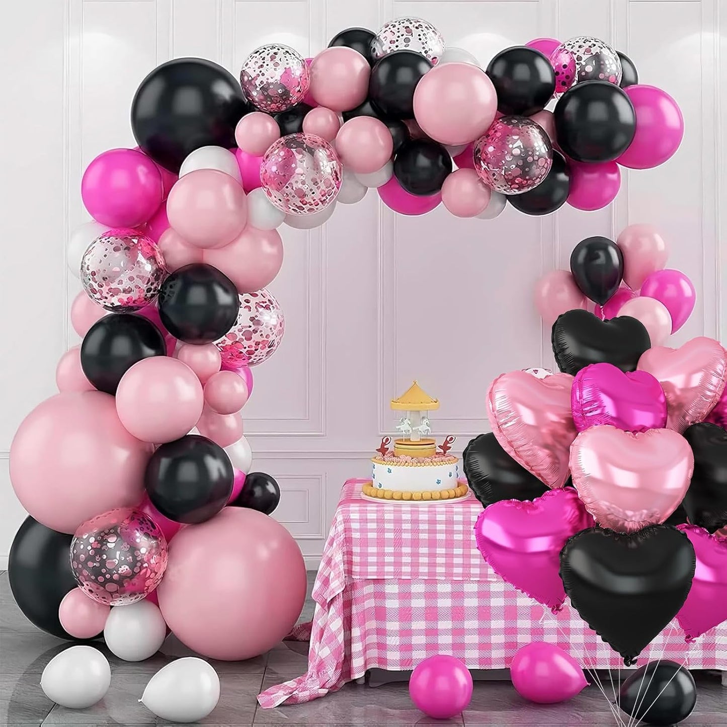 Pink Black Heart Balloons,12Pcs 18Inch Hot Pink Black Heart Shaped Foil Helium Balloons for Baby Shower Birthday Anniversary Wedding Engagement Party Decorations