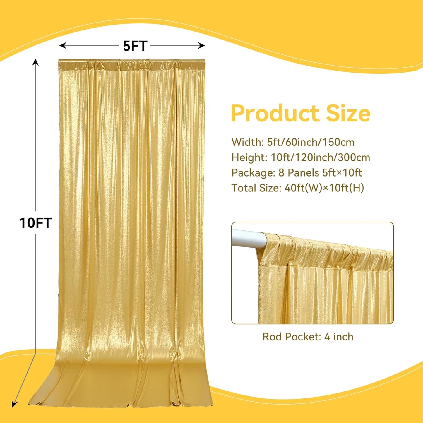 40x10 ft Wrinkle Free Gold Sequin Backdrop Curtain for Parties,Thick Not Fall Glitter Wedding Backdrop Drapes,8 Panels 5x10ft Shimmer Photo Wall Back Drop Cloth for Graduation Photography Background