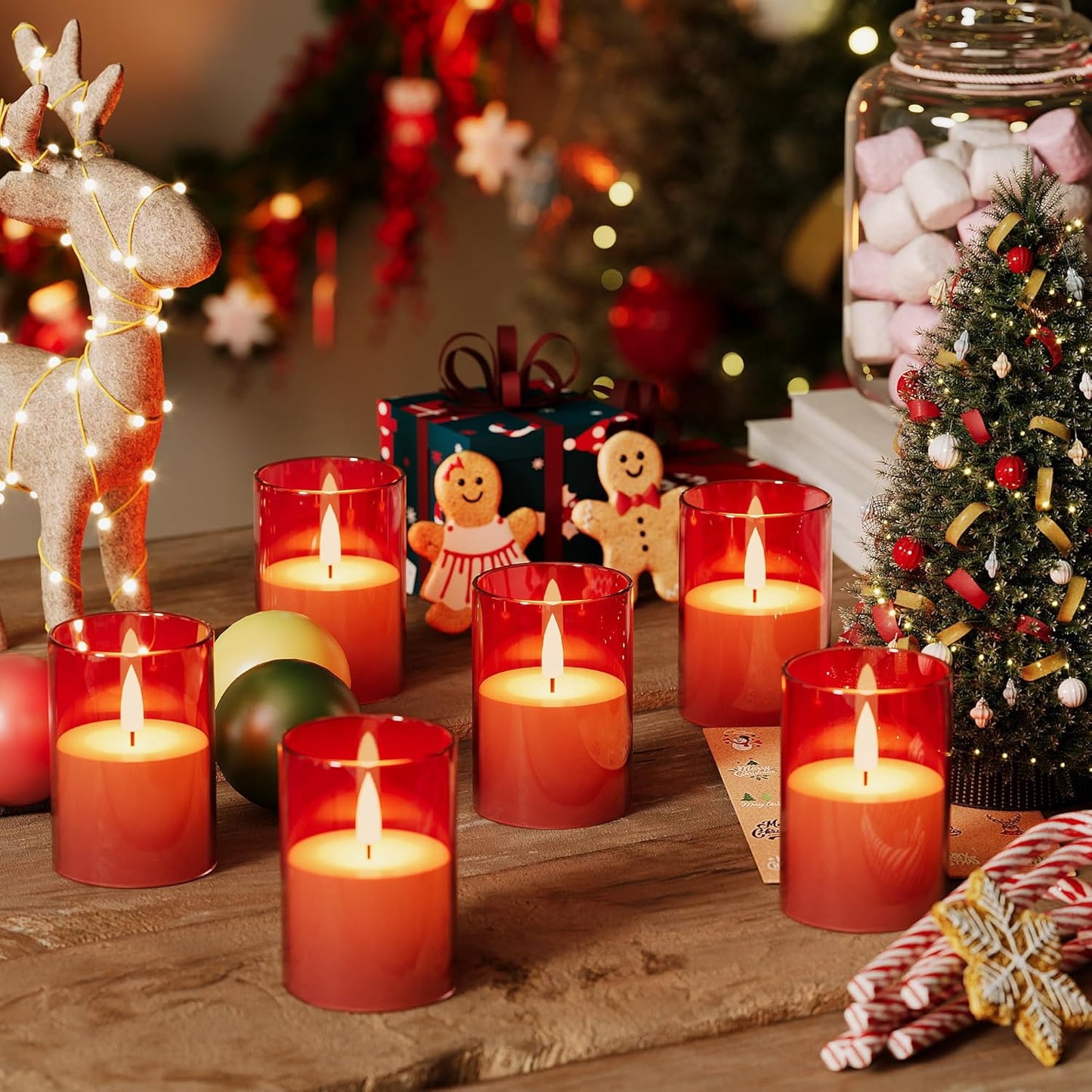 6Pack Flickering Flameless LED Candles with Timer, Battery Powered - Small Pillar & Votive, Red (2"X3")