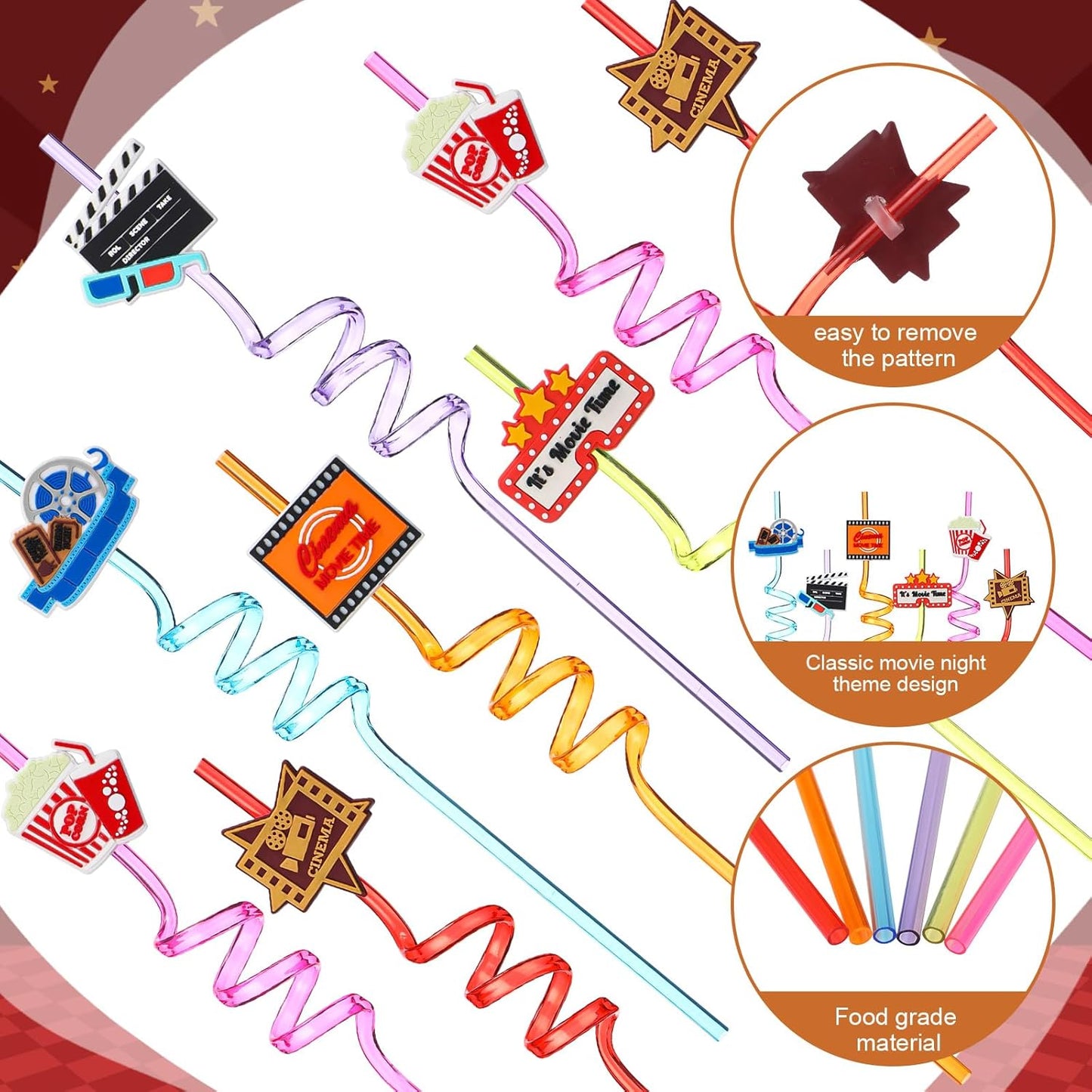 Yungyan 16 Sets Movie Night Party Favors Goodie Cups with Lids and Straws for Halloween Party Decorations Reusable 16oz Plastic Candy Cups Plastic Straws for Birthday Gift(Movie Night)