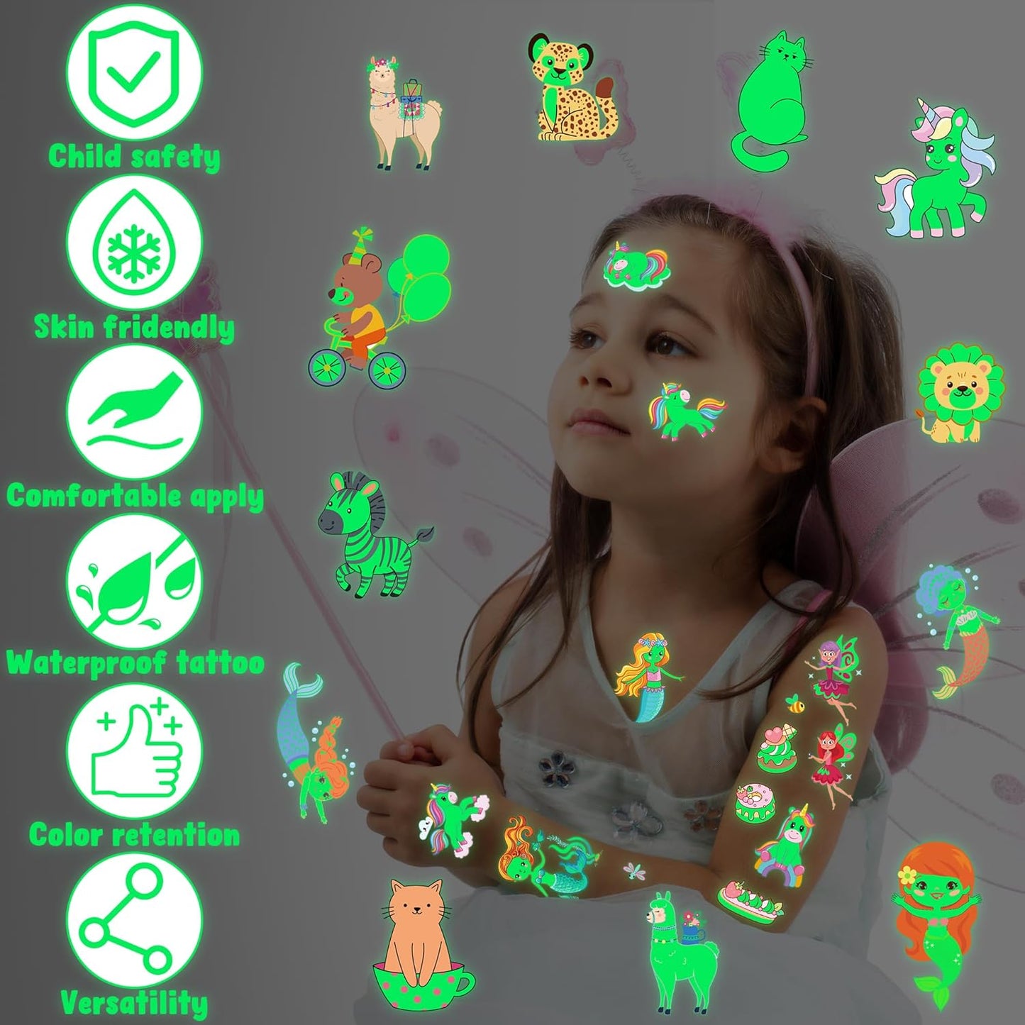 370 Patterns Party Favors for Kids, 36 Sheets Glow In Dark Stickers Luminous Temporary Tattoos, Waterproof Fake Tattoo Supplies Animal Dinosaur Mermaid Butterfly Stickers for Birthday Decorations
