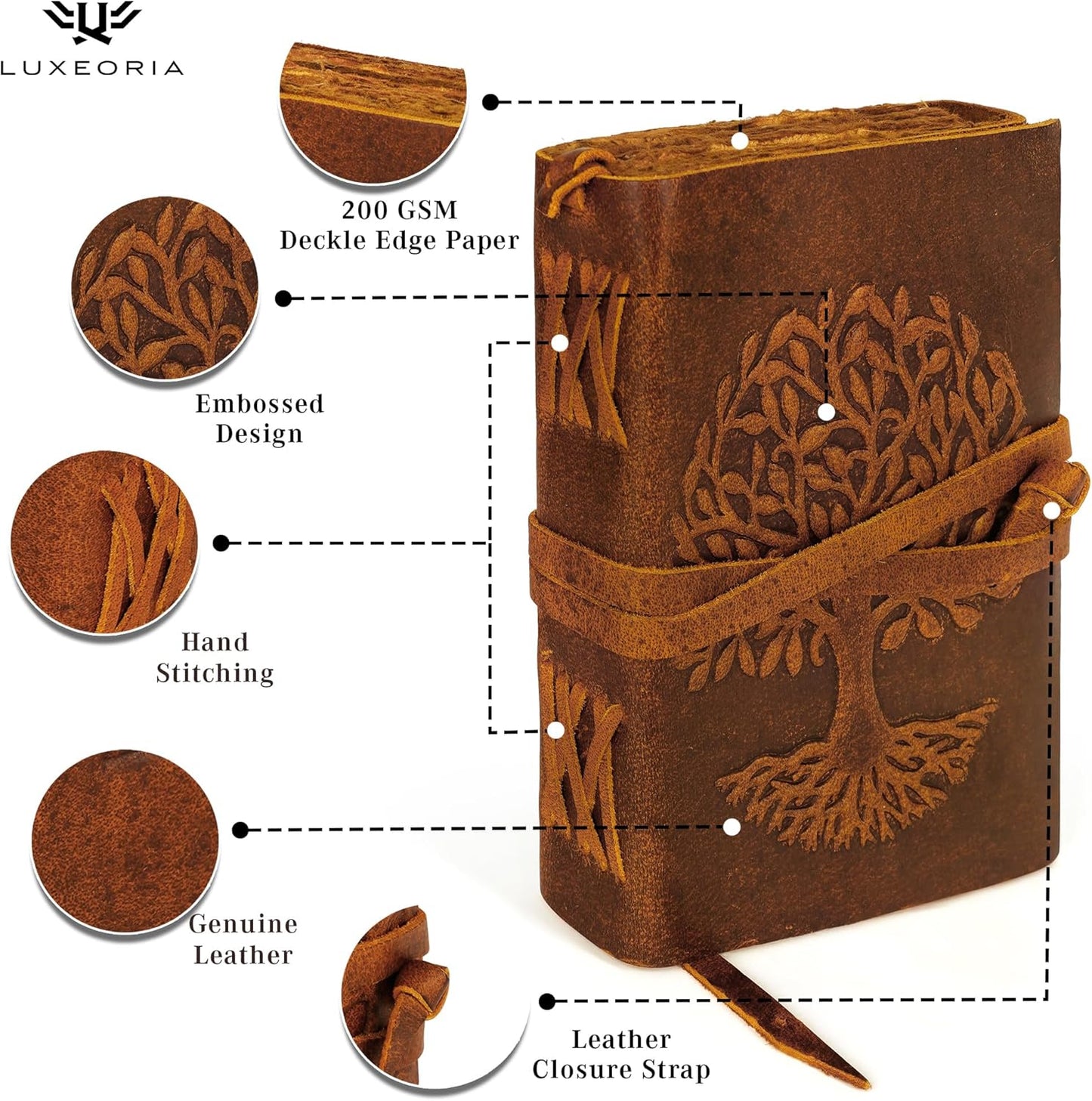 LUXEORIA Tree Of Life Leather Journal for Women and Men, Handcrafted Leather Journal for Writing Womens, Sketchbook, Travel Diary with Unlined Deckle Paper, Tan 6x8