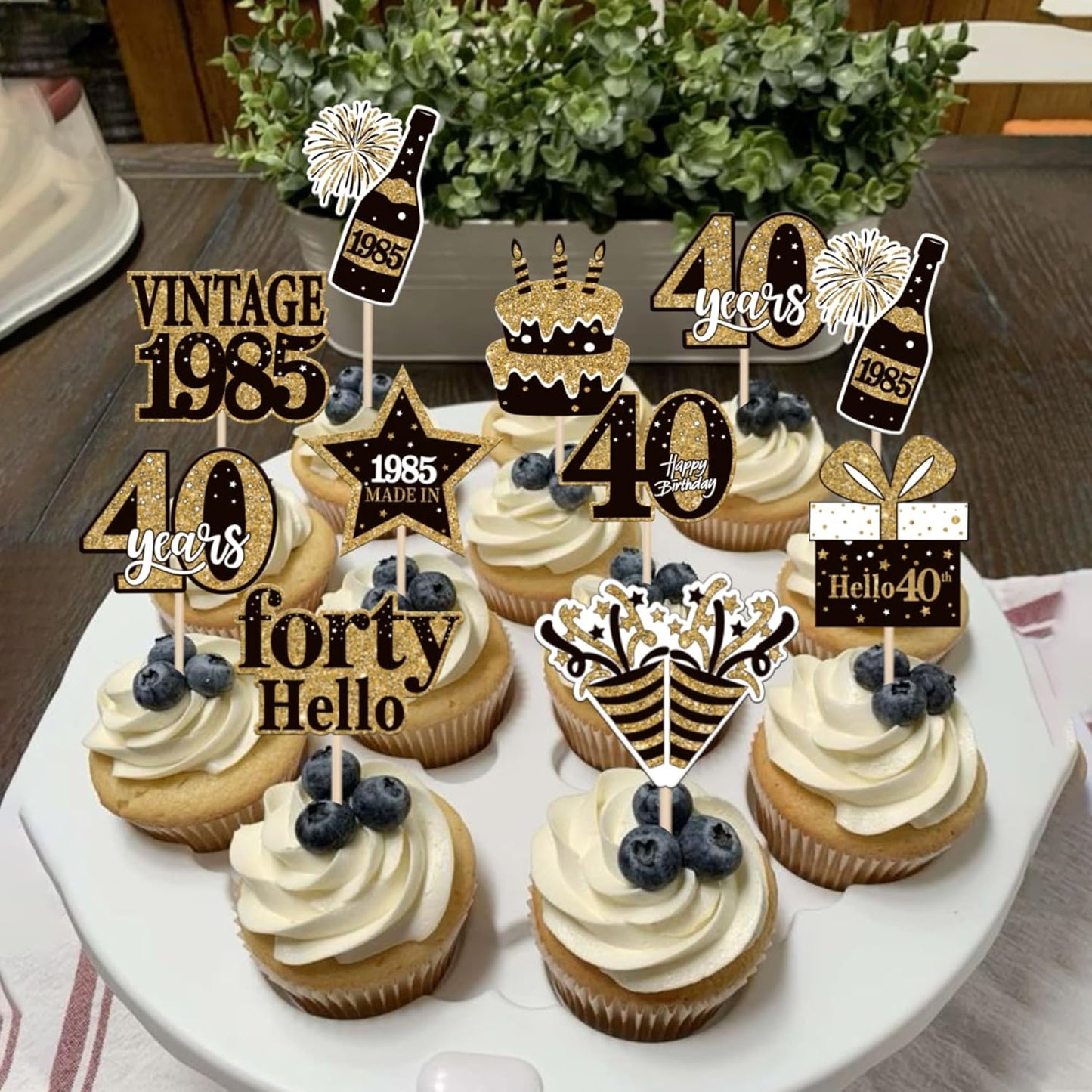 36PCS Happy 40th Birthday Cupcake Toppers Double Sided Black Gold Forty Hello 40 Vintage 1985 Cupcake Picks Cheers to 40 Years 40 Fabulous Cake Decorations for 40th Birthday Party Supplies