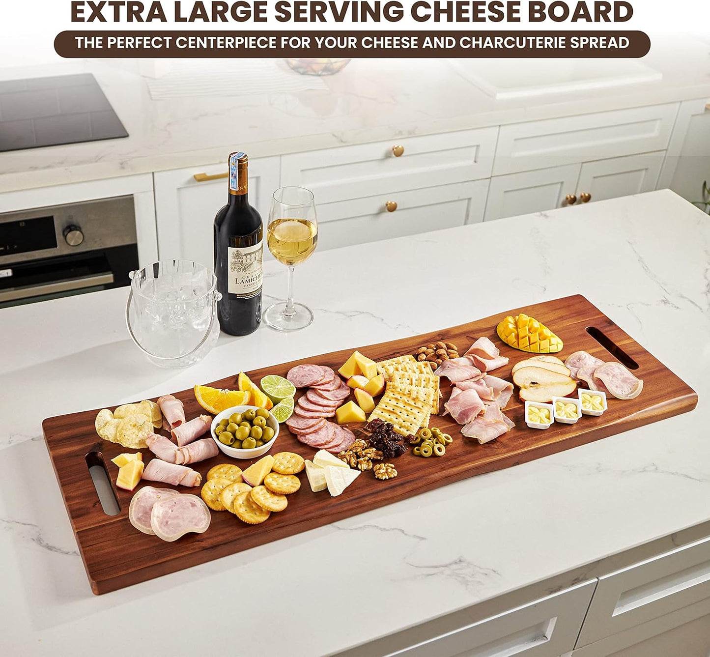 36" Large Acacia Wood Charcuterie Board with Handles - Extra Long Wooden Serving Cheese Boards - Rectangular Serving Platter for Meat Steak, Cracker Appetizers, Fruit Decorative Display Party