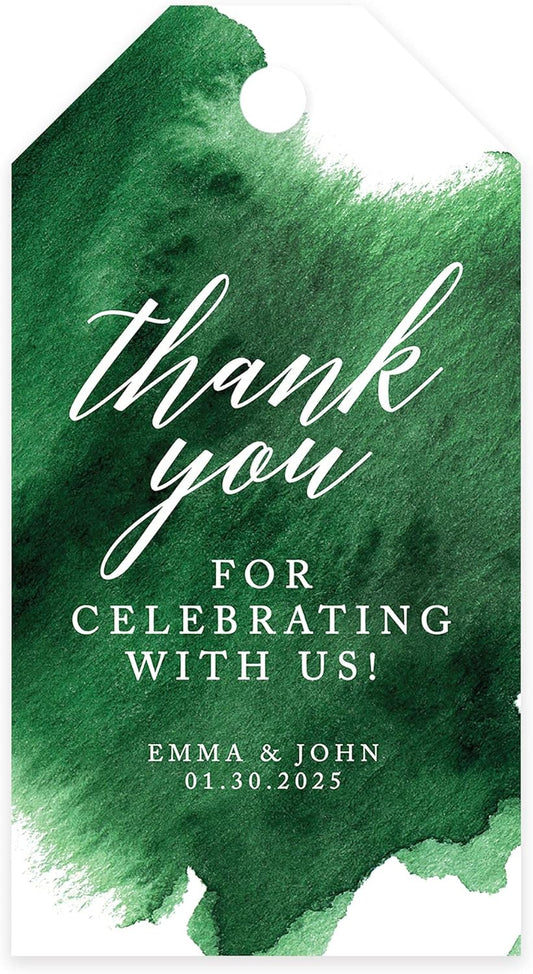 Andaz Press 100-Pack Personalized Thank You for Celebrating with Us Wedding Favor Tags with Bakers Twine Emerald Green Watercolor Custom Cardstock Wedding Gift Tags for Party Favors 2 x 3.75-Inches
