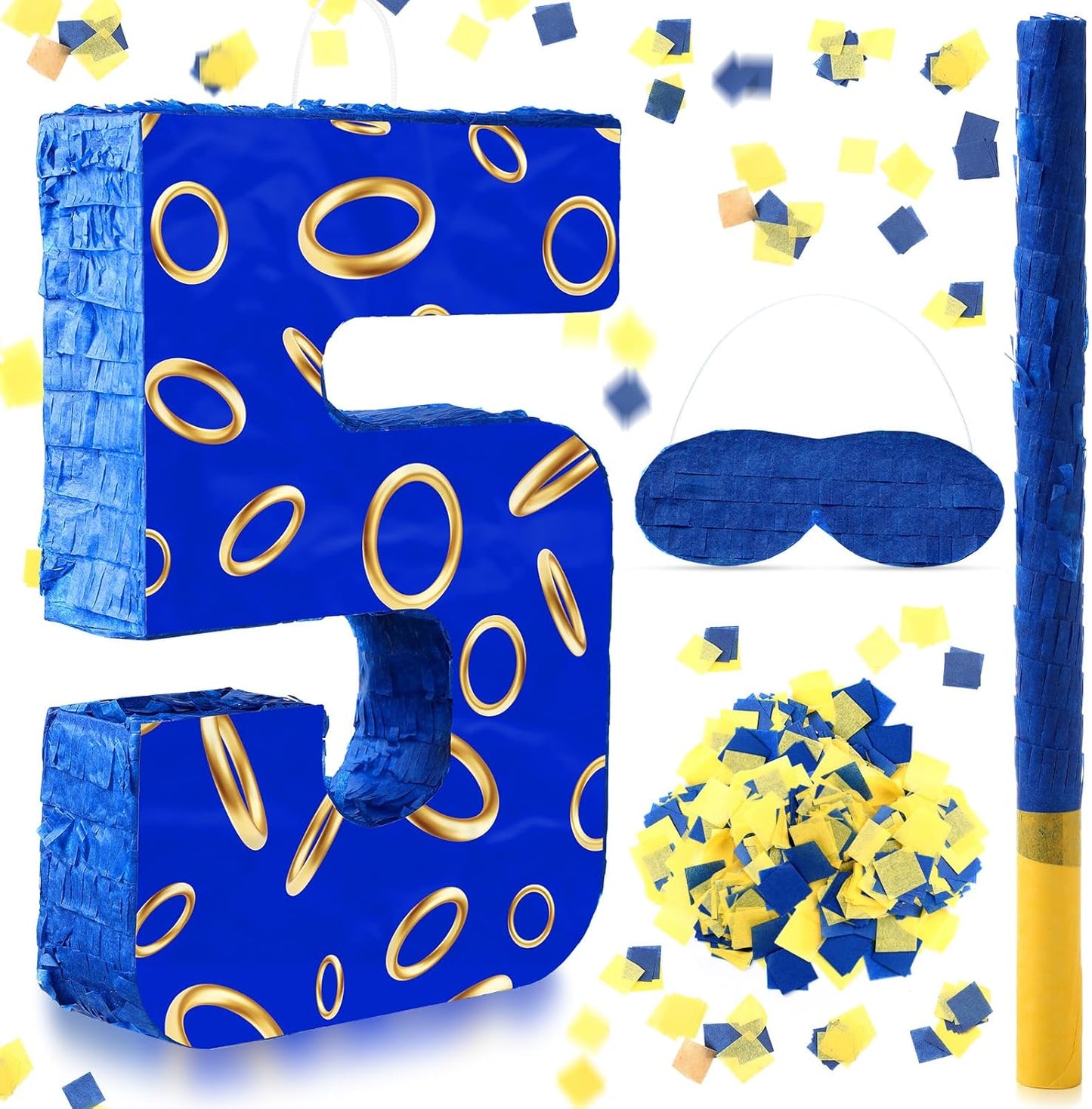 Number 5 Blue and Golden Rings Piñata for Kids Birthday Cartoon Theme Small Piñata with Blindfold Stick Confetti for Fiesta Cinco De Mayo Party Decor, 15.8 x 11 x 2.8 Inch