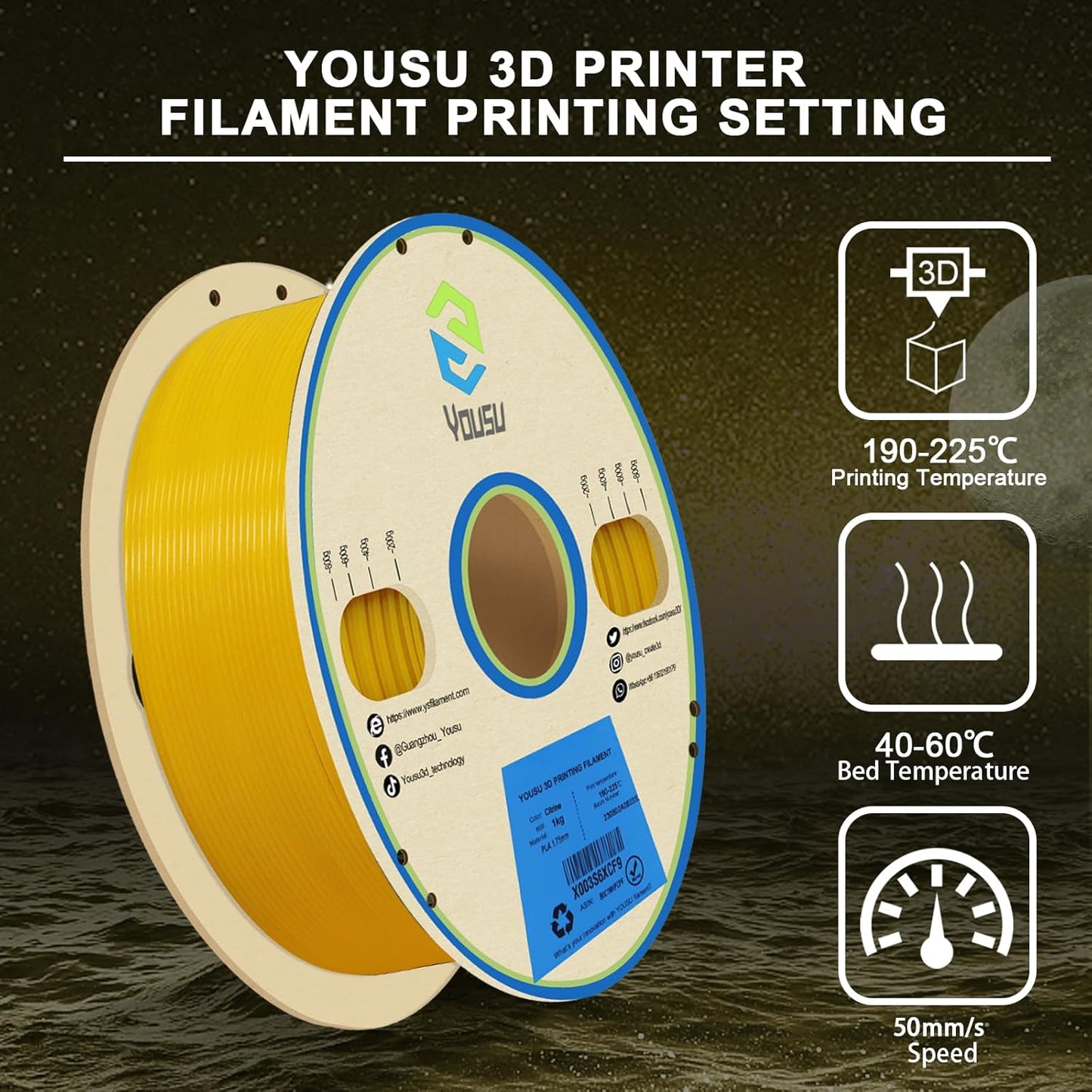 YOUSU 3D Printer Filament 1.75mm PLA Filament Glow in Dark PLA Filament Yellow 3D Printing Filament 1kg(2.2lbs) Spool.